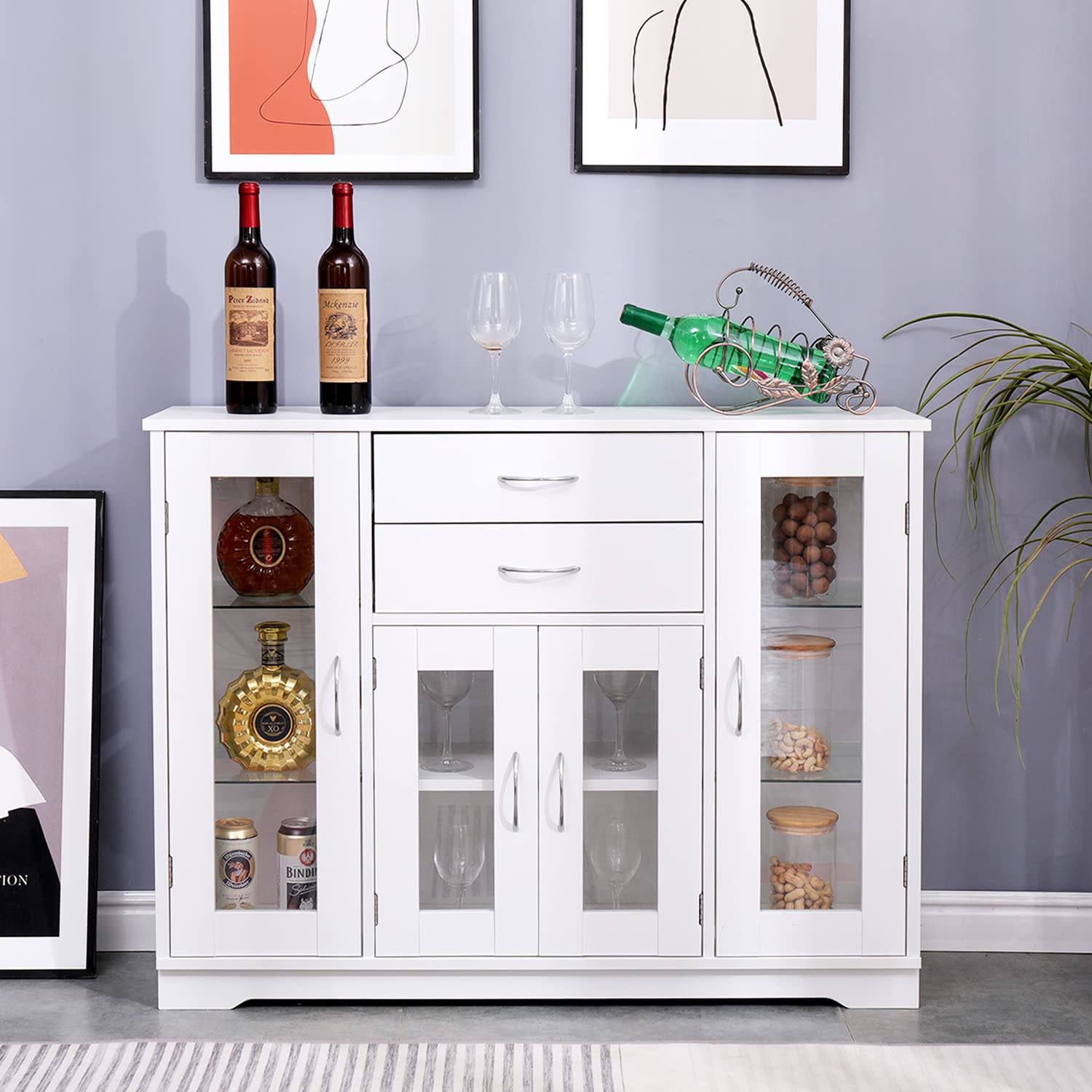 MELLCOM White Sideboard Buffet Cabinet - 2 Drawers & 3 Cabinets with Glass Doors - Kitchen & Dining Room Storage Furniture for Home Organization & Entertaining