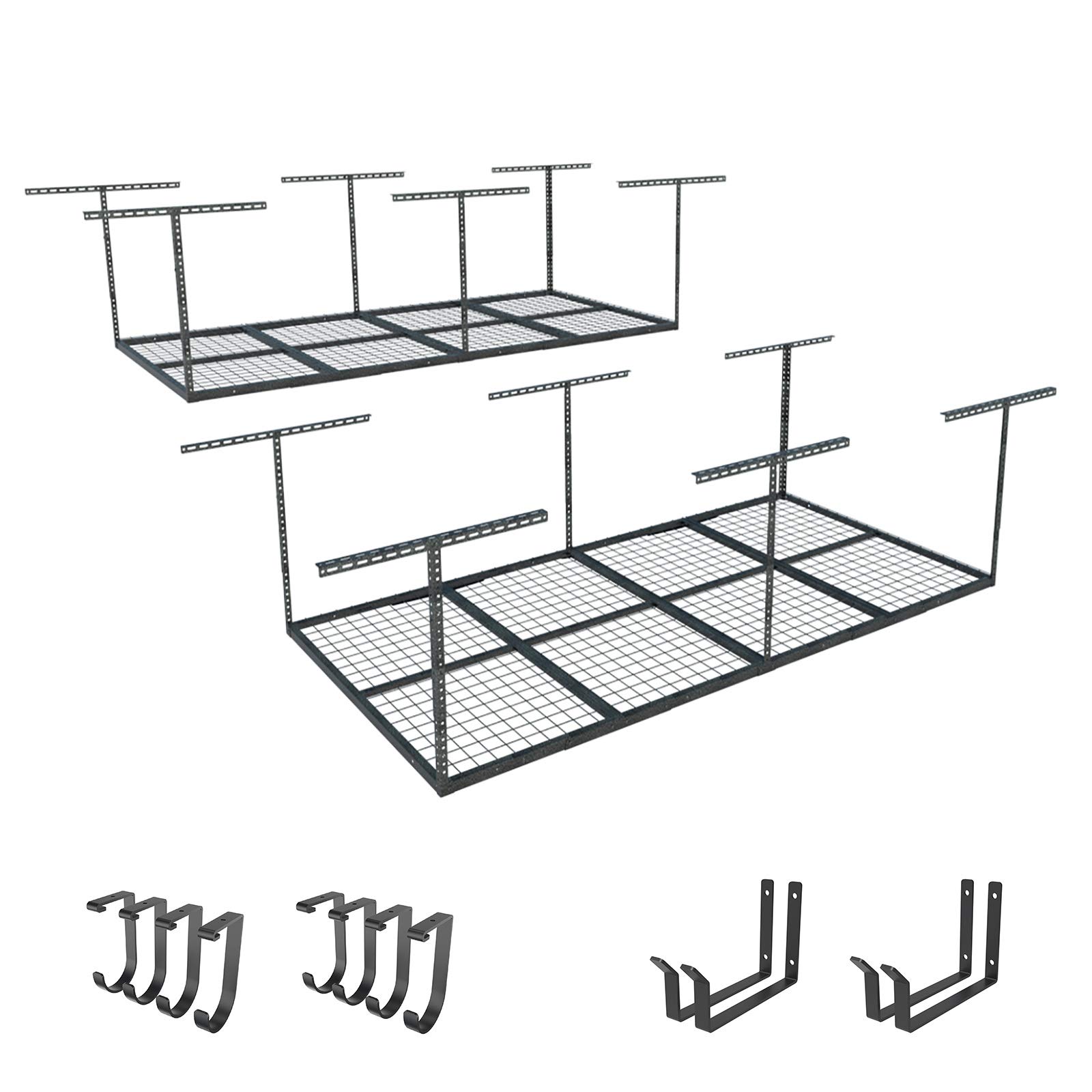 FLEXIMOUNTS 2-Piece Overhead Garage Storage Rack Set with Hooks - Adjustable Ceiling Storage Racks, 96