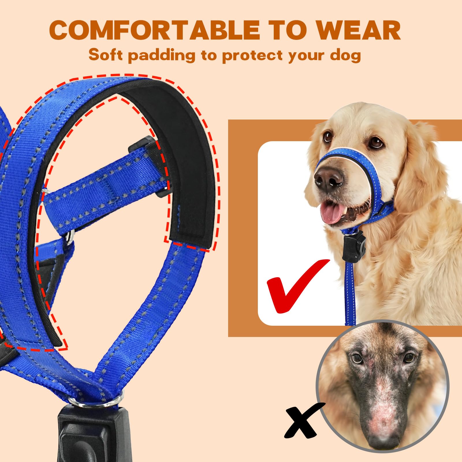 No Pull Gentle Leader Soft Padded Dog Head Halter Collar - Adjustable Training Leash for Small, Medium & Large Dogs - Reflective & Comfortable for Better Control - Perfect for Walking, Training & Outdoor Adventures (Blue, Size 4)