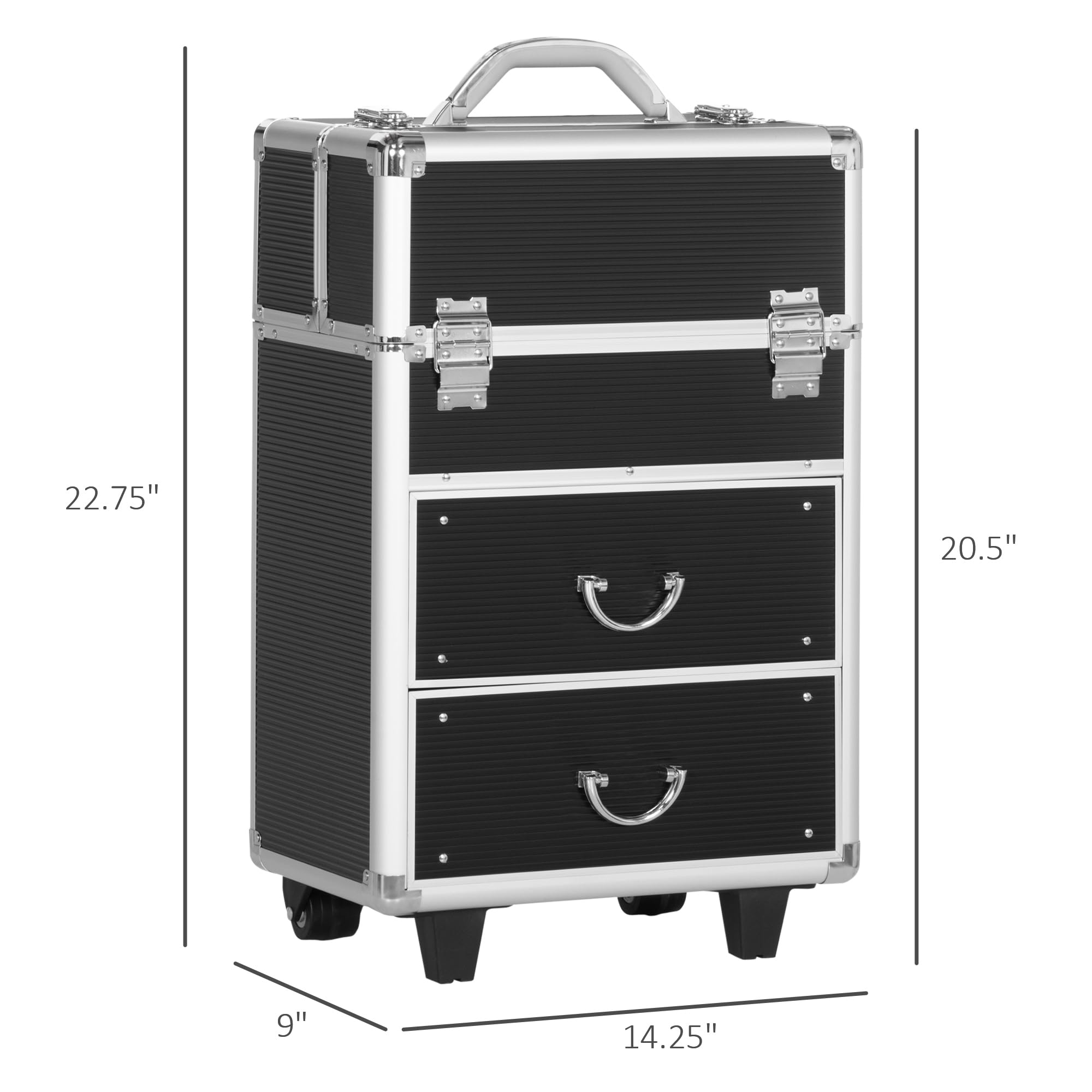 Professional Rolling Makeup Train Case - Large Cosmetic Trolley with Folding Trays, Drawers & Lock, Black | Perfect for Traveling Makeup Artists & Salon Professionals, Beauty Storage Organizer for Home & Mobile Services