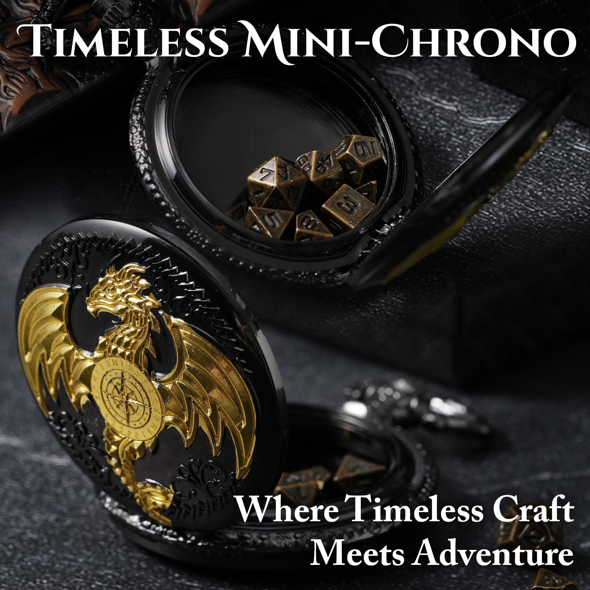 Premium Micro Metal Dice Set for DND RPG Games - MiniChrono's Dragon-Engraved Pocket Watch Case with Black Gold & Bronze Dice - Perfect Portable Dungeons & Dragons Accessory for Tabletop Gaming, Gifts & Travel