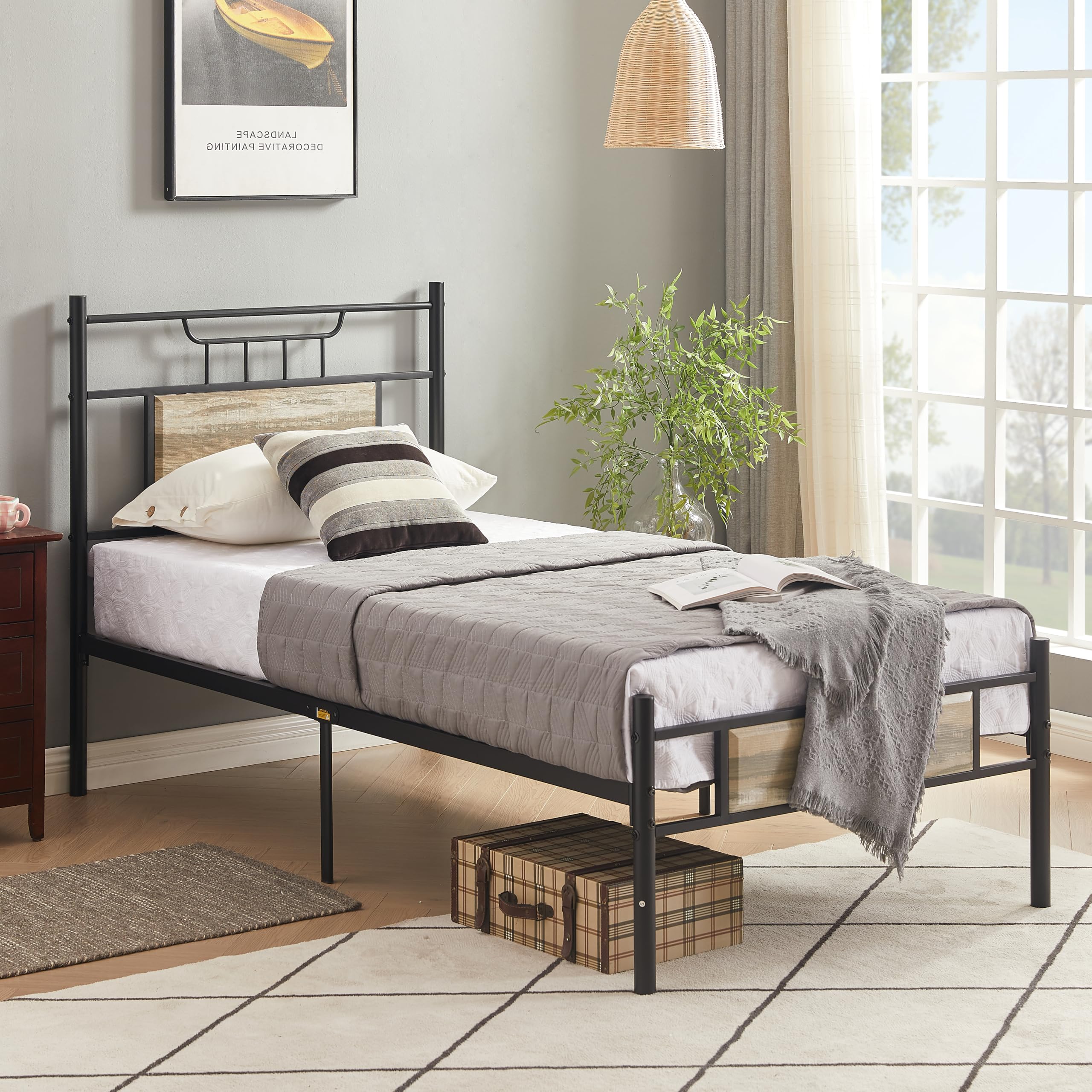 VECELO Twin Size Bed Frame with Wood Headboard - Sturdy Metal Slats Support, No Box Spring Needed, Easy Assembly, Slate Grey - Perfect for Kids Rooms, Guest Bedrooms & Small Spaces