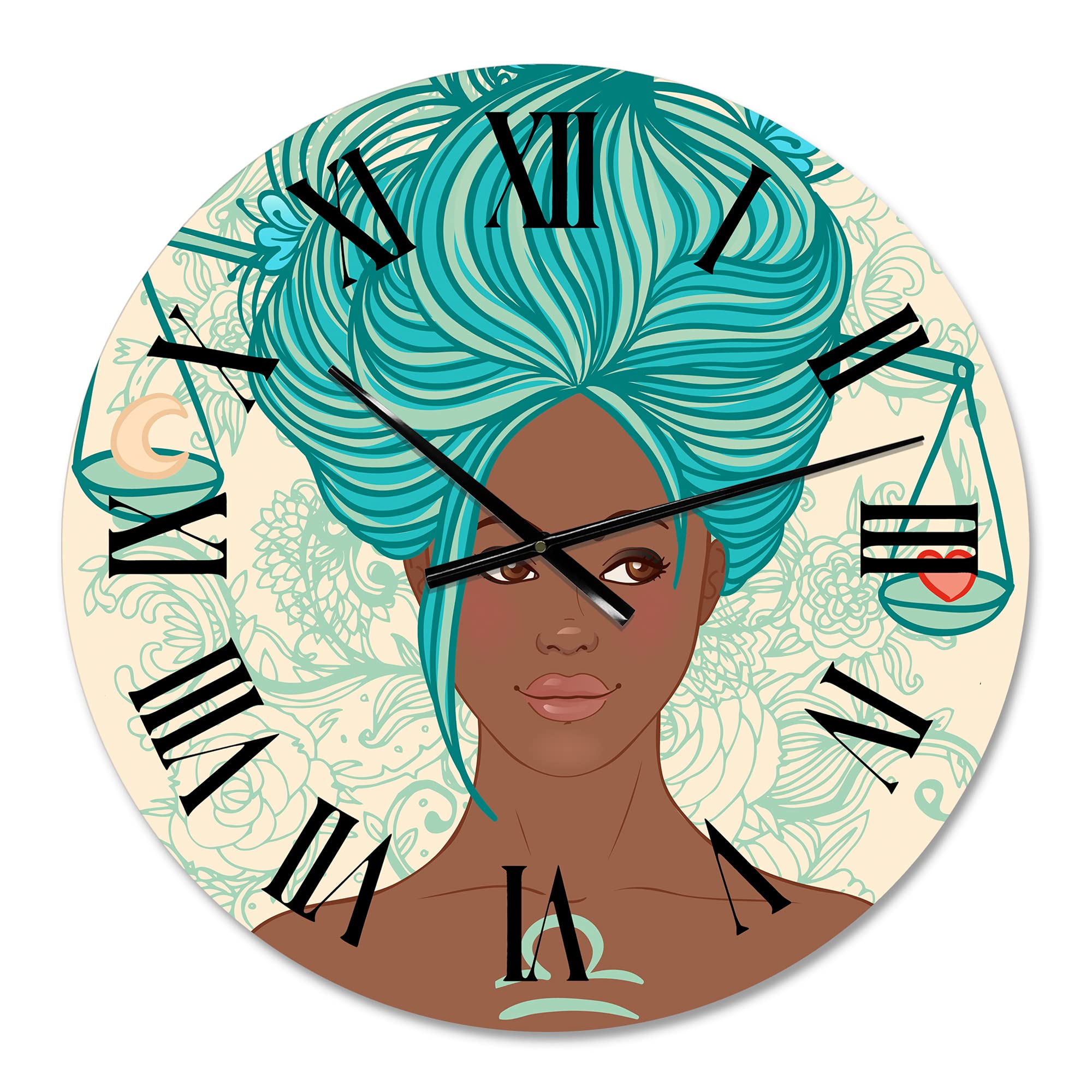 DesignQ Modern Wall Clock - Portrait of Afro American Woman with Blue Hair - Large Decorative Clock for Kitchen, Living Room & Office - Perfect for Home & Office Decor
