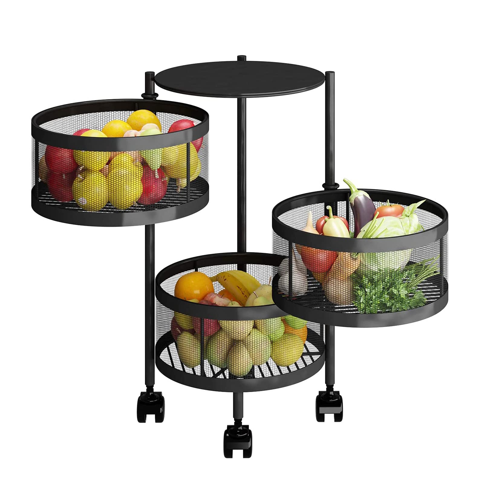 3-Tier Rolling Fruit Basket for Kitchen & Pantry - Black 3-Layer Storage Cart with Wheels for Vegetables, Produce & Market Shopping - Perfect for Home, Grocery Store & Farmers Market Use