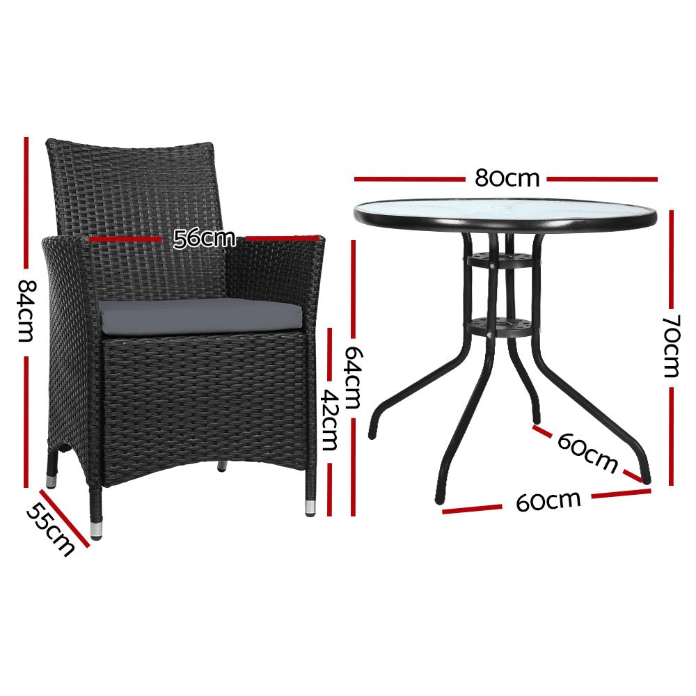 3-Piece Bistro Set Outdoor Patio Furniture - Rattan Table & Chairs with Cushions - Perfect for Garden, Balcony, and Backyard Relaxation
