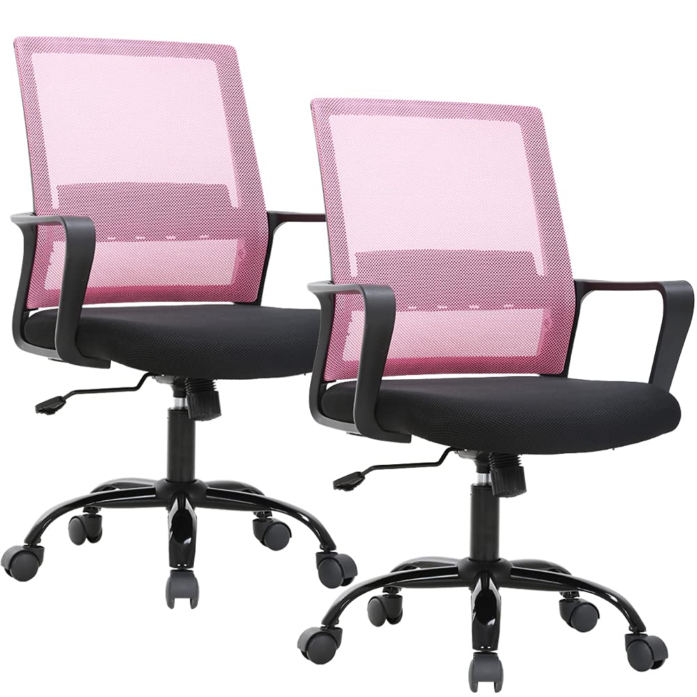2 Pack Ergonomic Mesh Office Desk Chair with Adjustable Lumbar Support & Swivel Wheels - Mid Back Computer Task Chair with Arms for Home & Office Workspace - Comfortable Pink Rolling Chair for Long Hours Sitting