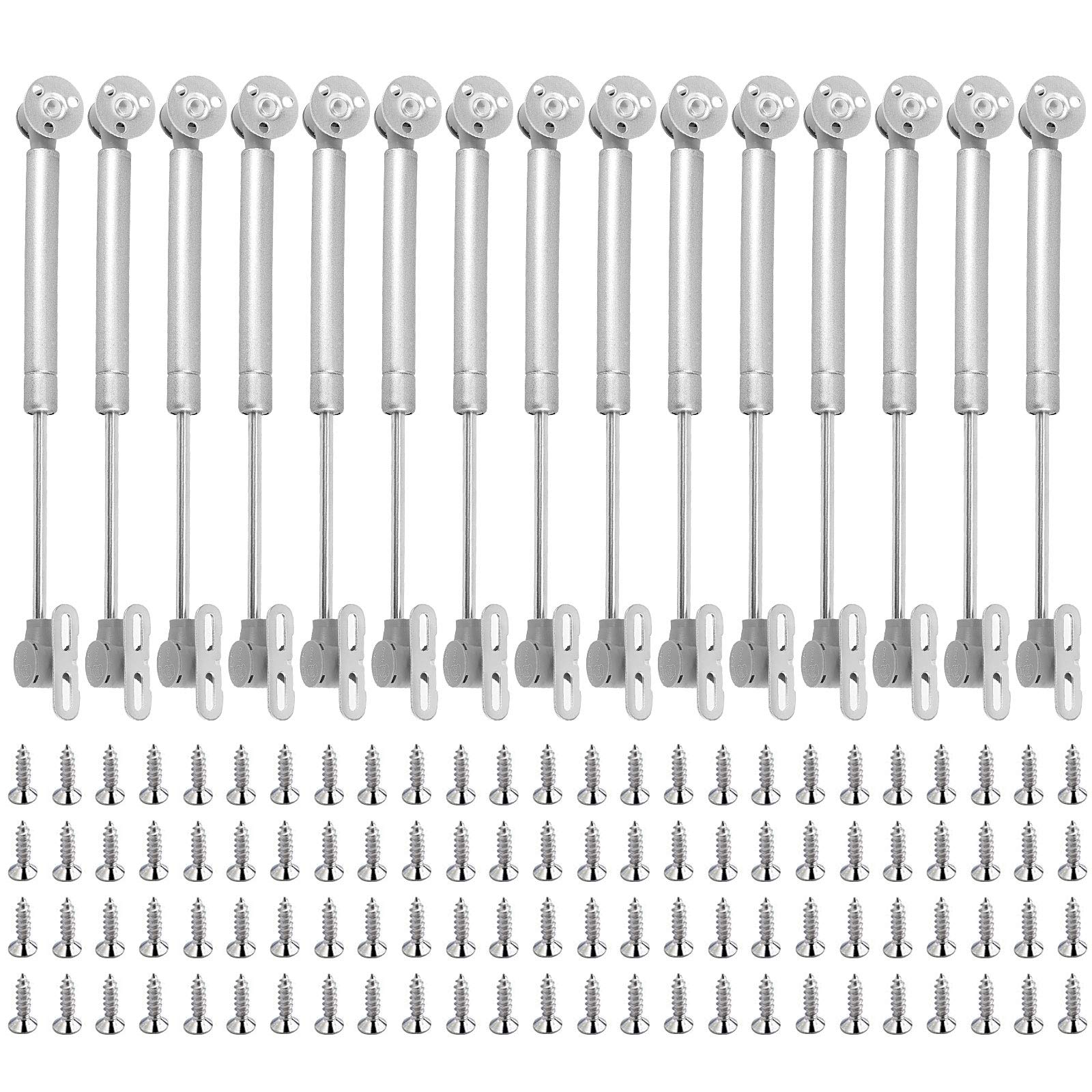 HAKZEON 15 Pack 100N/22.5LB Hydraulic Cabinet Hinges with 75 Mounting Screws - Silver Gas Strut Lift Support for Kitchen Cupboards & Cabinet Doors - Perfect for Easy Access Storage Solutions