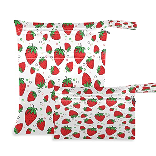 2 Pack Reusable Waterproof Wet Dry Bags - Strawberry Print Cloth Diaper Organizer for Travel, Beach, Gym & Swim | Washable Storage Pouch for Swimsuits, Toiletries & Baby Essentials | Perfect for Daycare, Pool Trips & On-the-Go Organization