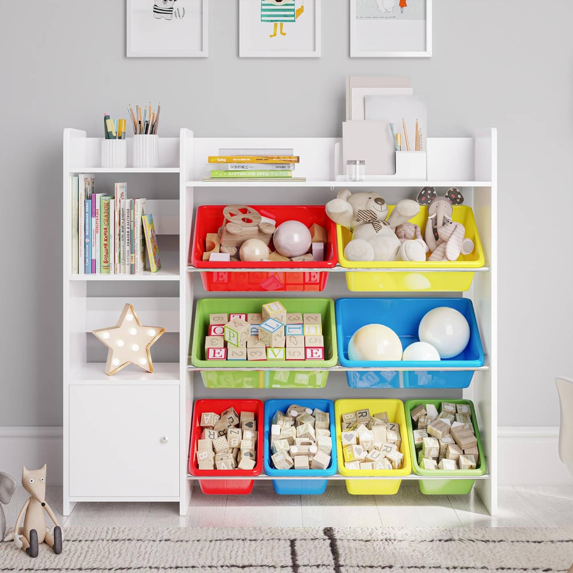 Kids Toy Storage Organizer with Bookshelf - Playroom Organization Unit with Removable Colorful Bins & Anti-Tip Safety Bracket - Multi-Color Toy Shelf for Bedroom, Nursery, and Classroom Organization