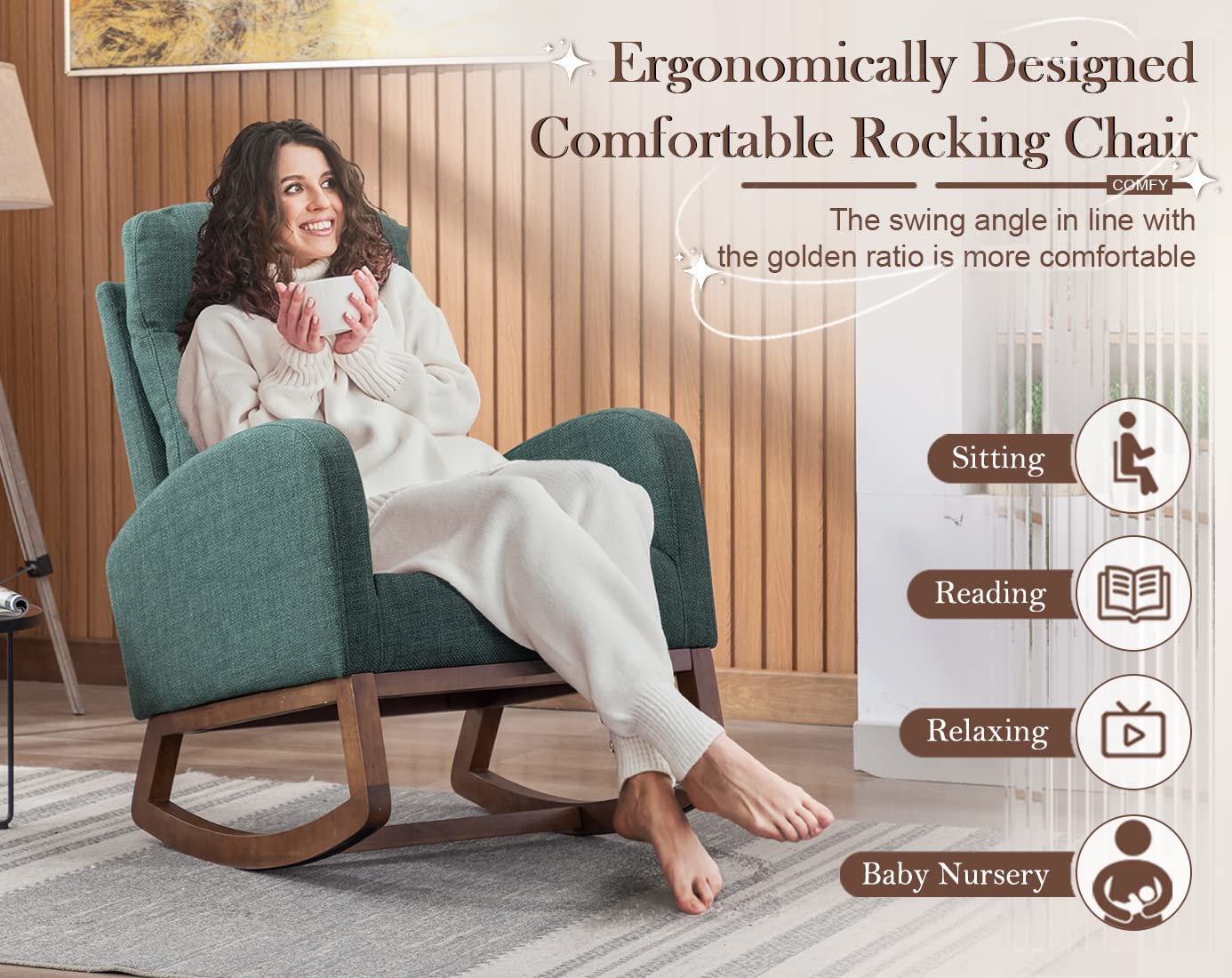 Antetek Modern Upholstered Rocking Chair - Nursery Glider Rocker with Side Pocket, High Back Headrest Design - Comfortable Armchair for Living Room, Bedroom & Nursery (Green) - Perfect for Breastfeeding, Reading & Relaxing