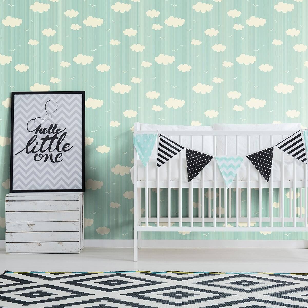 Blue and White Clouds Baby Peel and Stick Removable Wallpaper 8827 - Self-Adhesive Nursery Wall Decor for Boys & Girls - Perfect for Bedroom, Playroom, and Daycare Walls