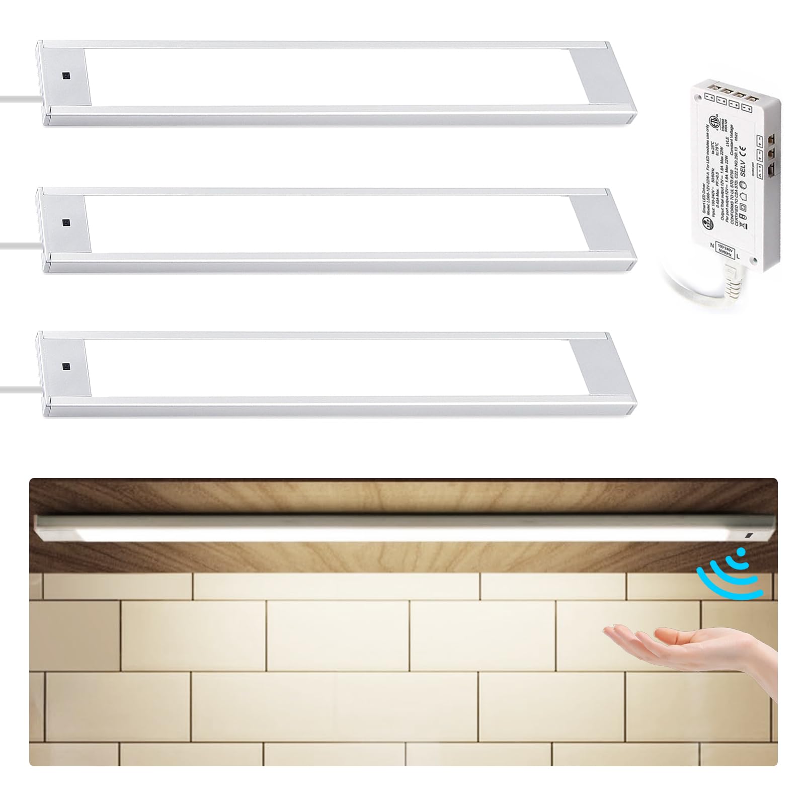 VST Hand Wave Activated Under Cabinet LED Lights - Plug in Closet Lighting with Stepless Dimming, 12 Inch 3 Pack 4000K Cool White - Perfect for Kitchen Shelf, Cupboard, Closet, Workbench and Home Office Lighting