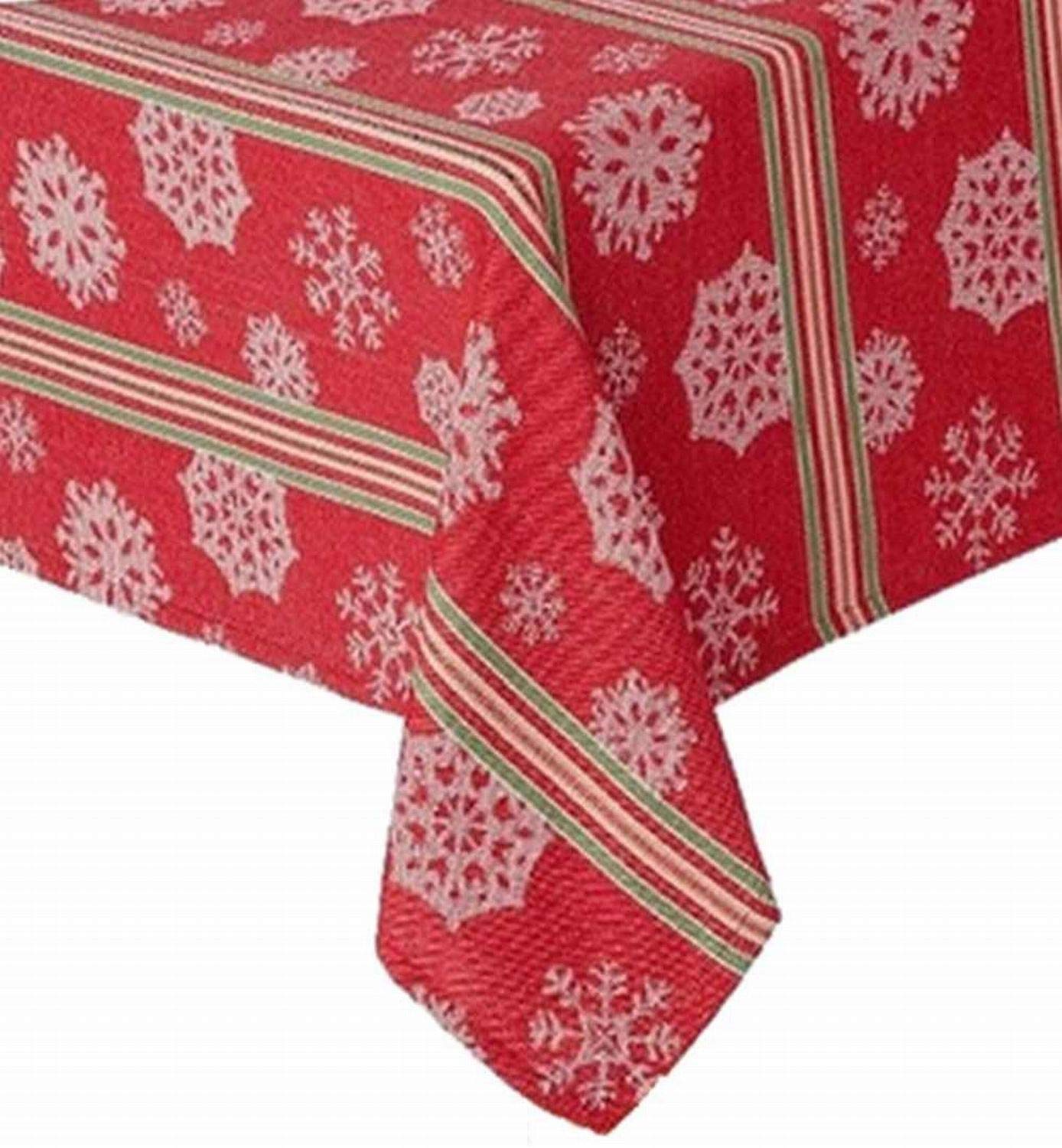 Red Stripe Snowflake Woven Round Tablecloth - 70 Inch Holiday Dining Decor for Christmas, Winter Parties & Festive Gatherings