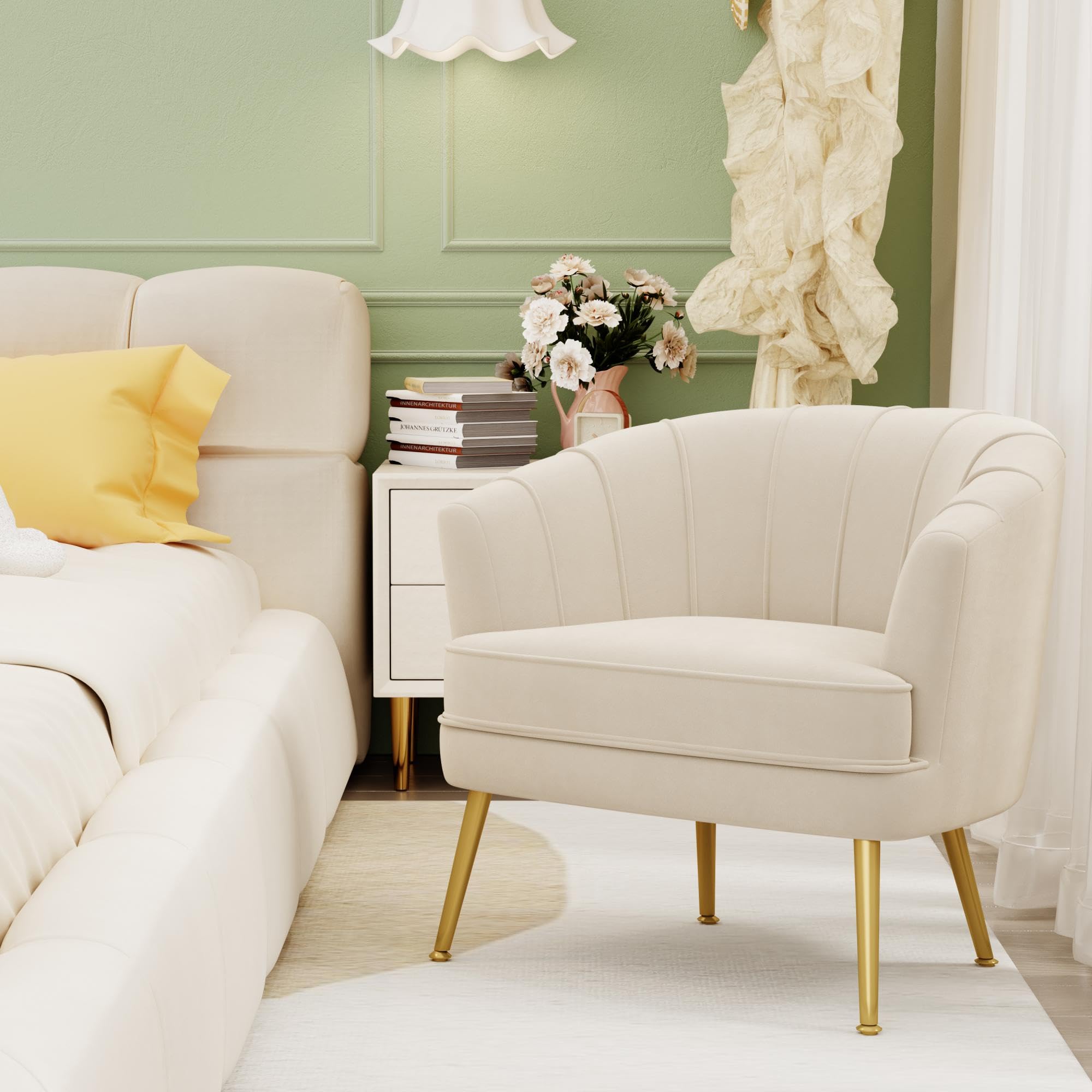Velvet Accent Chair - Upholstered Single Sofa Armchair with Metal Legs for Living Room, Bedroom & Office - Comfy Reading & Coffee Club Chair in Beige - Perfect for Relaxing, Entertaining & Home Decor