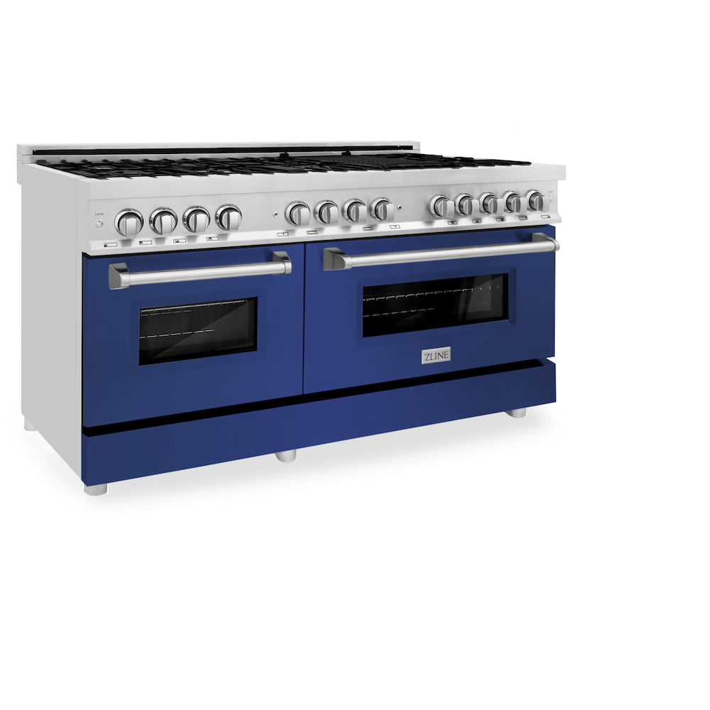 ZLINE 60-Inch 7.4 cu. ft. Dual Fuel Range with 9-Burner Gas Cooktop & 2 Electric Convection Ovens - Stainless Steel with Blue Matte Doors (RA BM 60) | Professional Kitchen Appliance for Home Chefs & Cooking Enthusiasts
