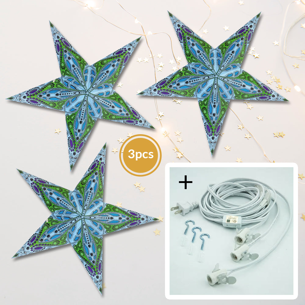 3 Pack Blue Dahlia LED Illuminated Paper Star Lanterns - 24 Inch Hanging Decor with Bulbs & Cord - Perfect for Bedroom, Patio, Wedding and Party Lighting
