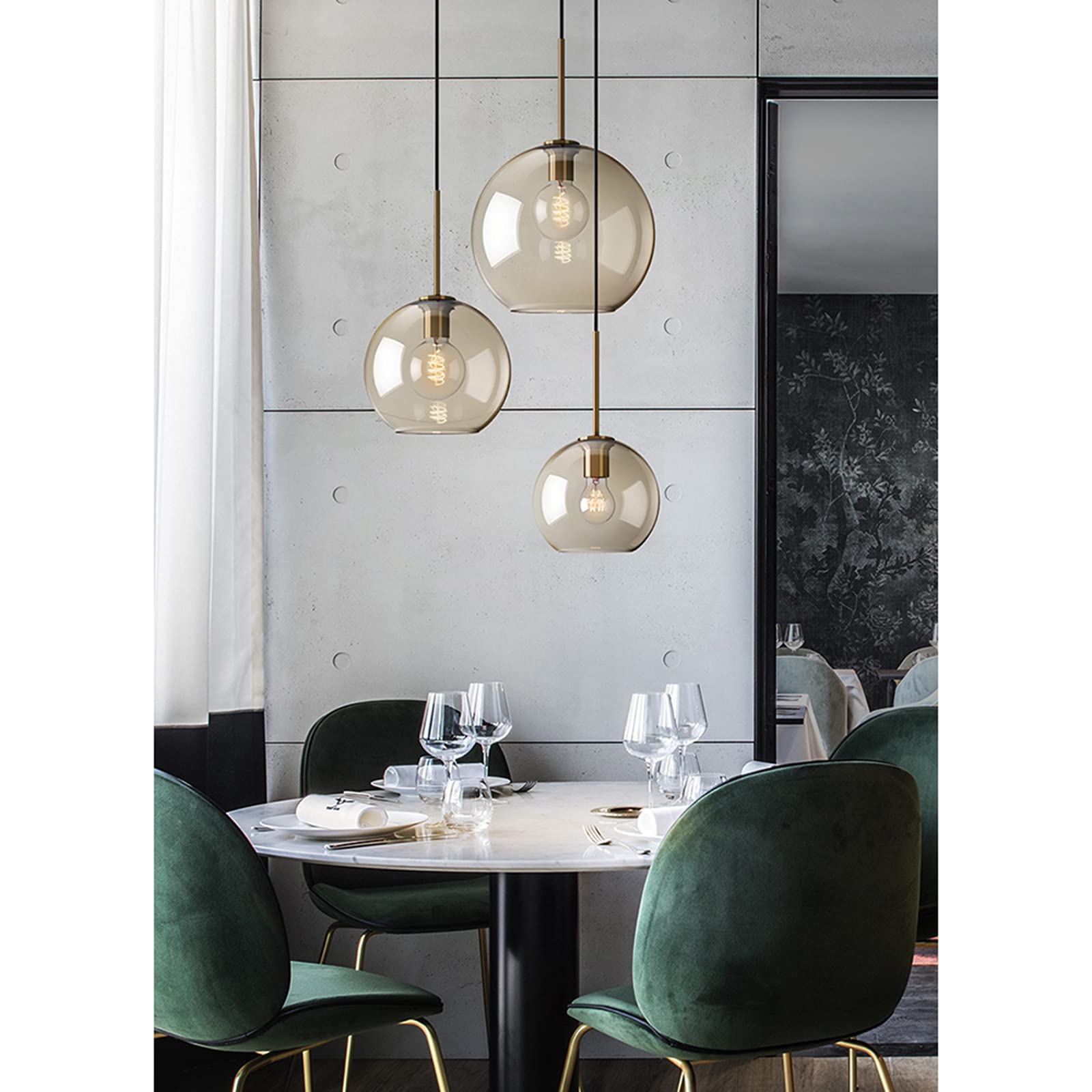 3-Light Spherical Grey Glass Pendant Lighting - Modern Globe Glass Hanging Lamp Chandelier for Dining Room, Kitchen Island & Living Room Decor