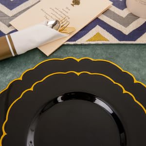 Morejoy 175-Piece Black Gold Plastic Dinnerware Set - 50 Plates, 25 Spoons, 25 Forks, 25 Knives, 25 Cups - Elegant Disposable Tableware for Weddings, Parties, Birthdays & New Year Celebrations - Perfect for Indoor & Outdoor Events, Catering, and Special Occasions