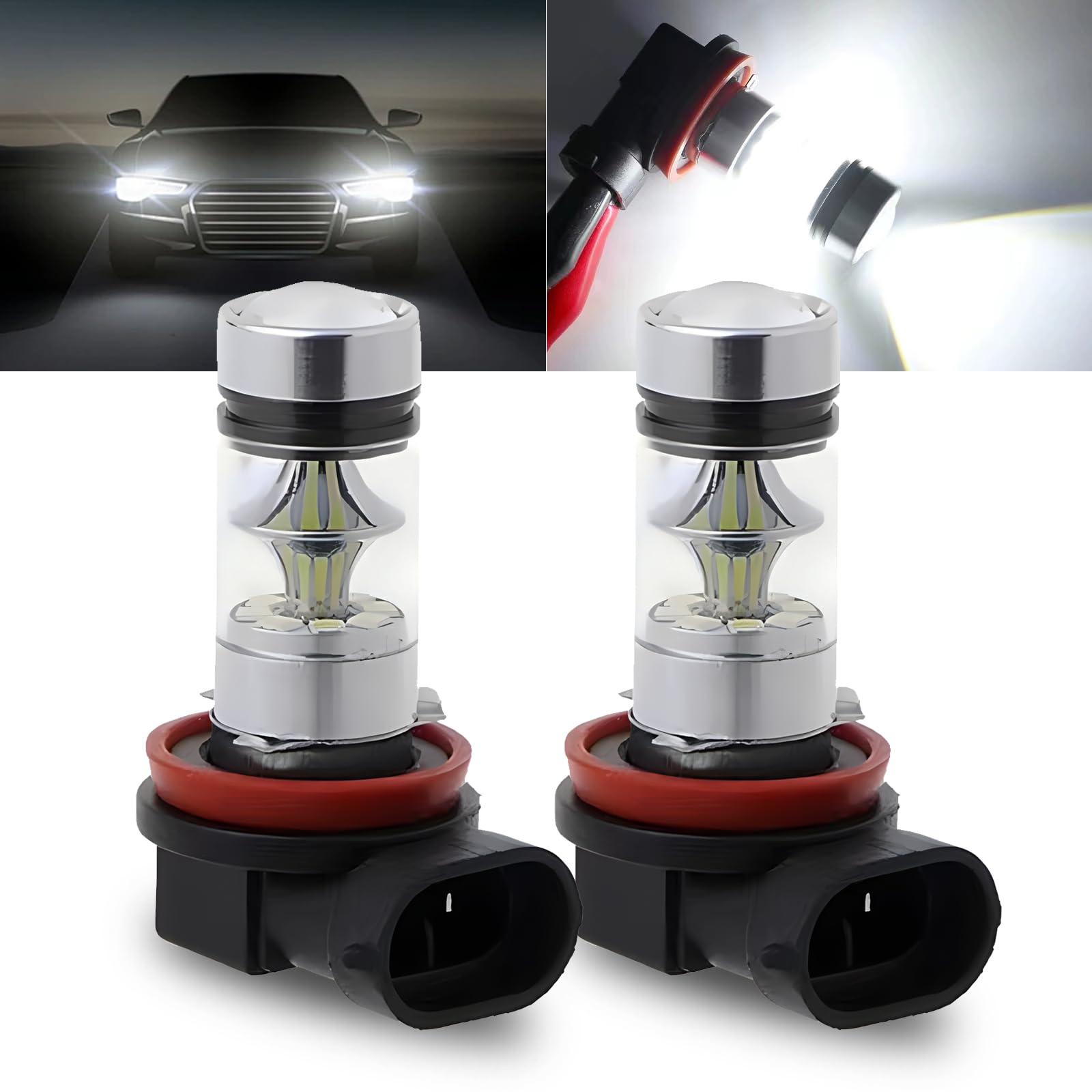 2-Pack H8/H11 LED Fog Light Bulbs - 1000LM Super Bright 20-LED with Spotlight Projector - Plug & Play 50,000 Hours Lifespan - Universal Fit for Cars & Trucks (White) - Perfect for Night Driving & Foggy Conditions