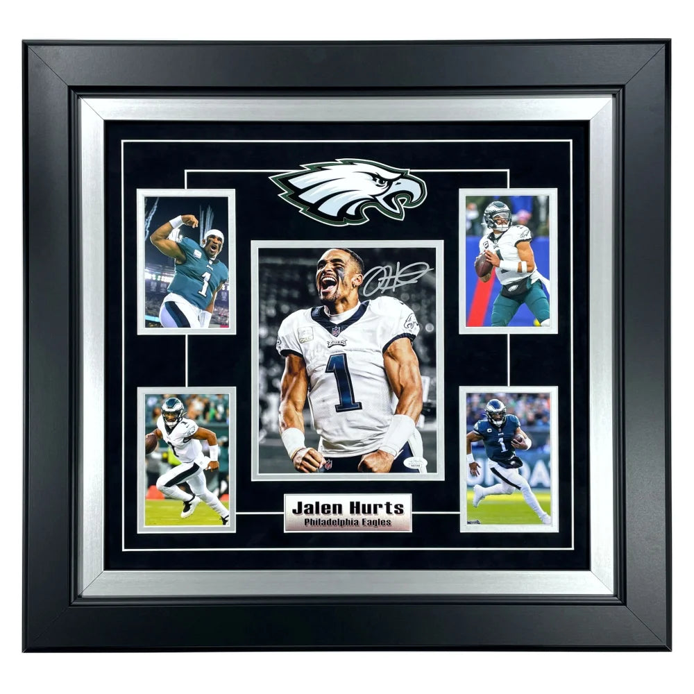 Jalen Hurts Autographed Philadelphia Eagles 8x10 Photo Framed with JSA COA - Signed NFL Memorabilia for Eagles Fans, Man Cave & Sports Collectibles Display