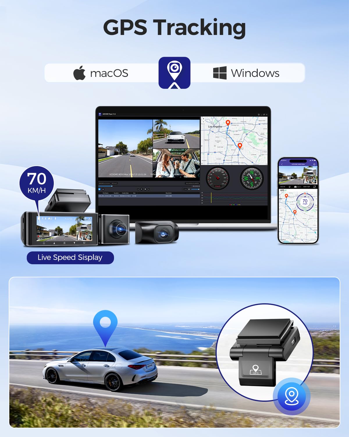 AZDOME 4K Triple Dash Camera with Front, Rear & Interior View - 4K+1080P+2.5K Resolution, WiFi GPS, 3.19