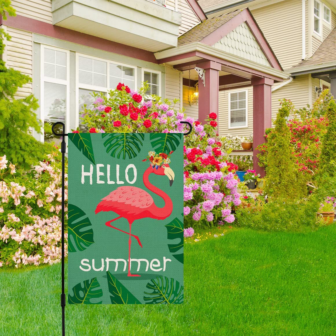 Premium Double-Sided Flamingo Garden Flag 12.5x18 Inch - Tropical Red & Green Palm Leaves Design with Summer Birds - Vertical Outdoor Yard Decor for Farmhouse, Lawn, Patio - Perfect for Summer Parties, Poolside Decor & Tropical Backyard Themes