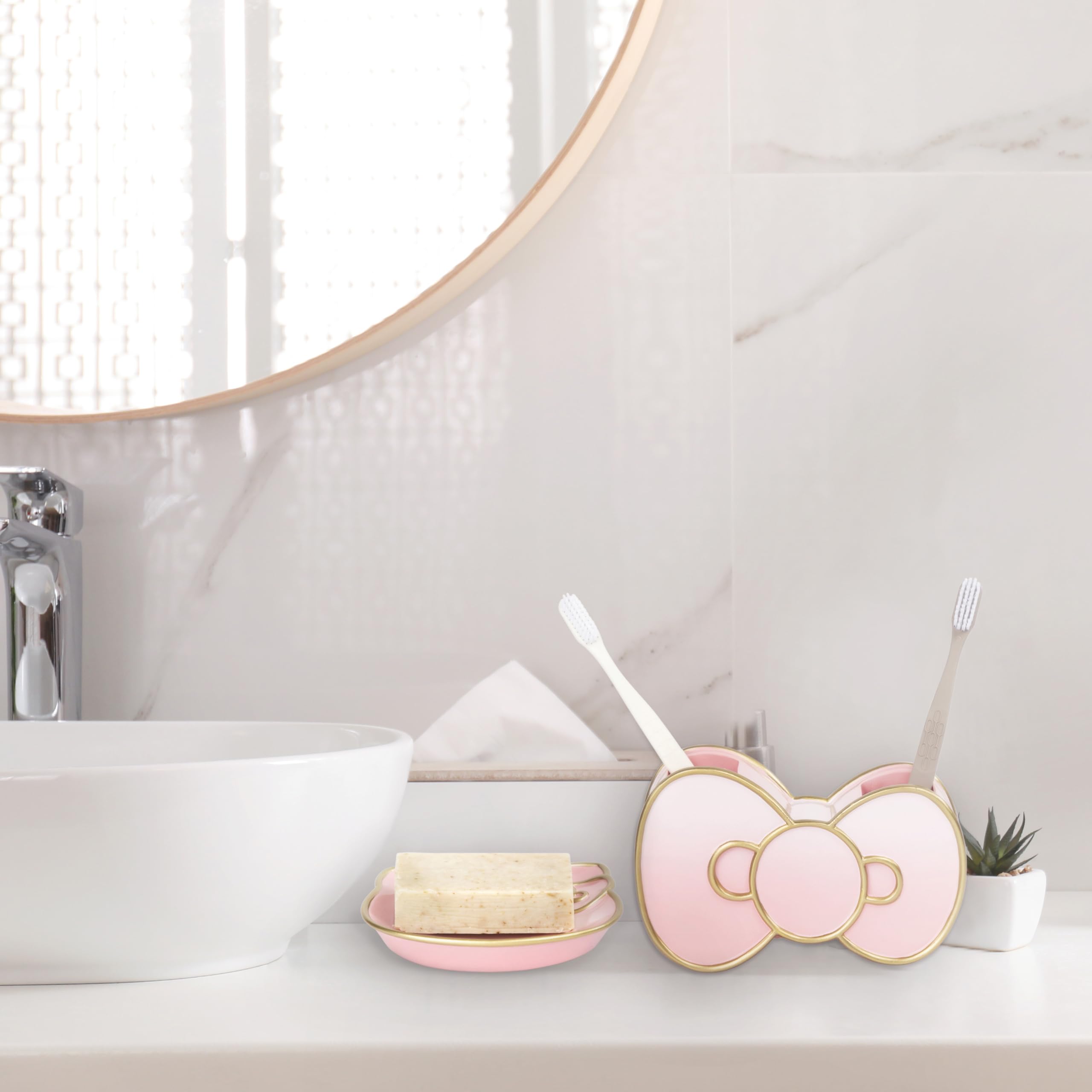 Jay Franco Hello Kitty Bathroom Accessories Set - 2-Piece Pink Resin Toothbrush Holder & Soap Dish for Girls' Bathroom Decor & Storage | Cute Kawaii Shower Organizer for Kids, Teens & Kitty Lovers