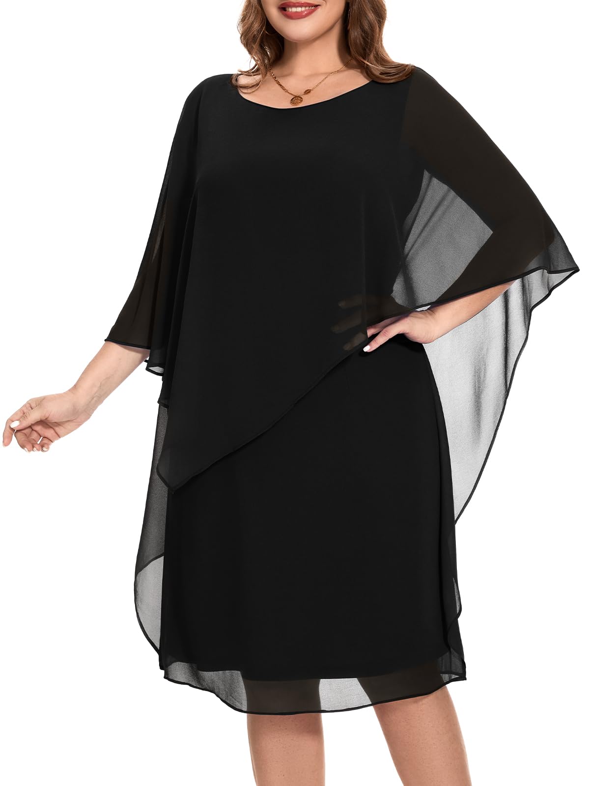 Plus Size Women's Chiffon Cape Dress - Sleeveless Elegant Cocktail & Wedding Guest Dress for Special Occasions | Perfect for Parties, Evening Events & Formal Gatherings