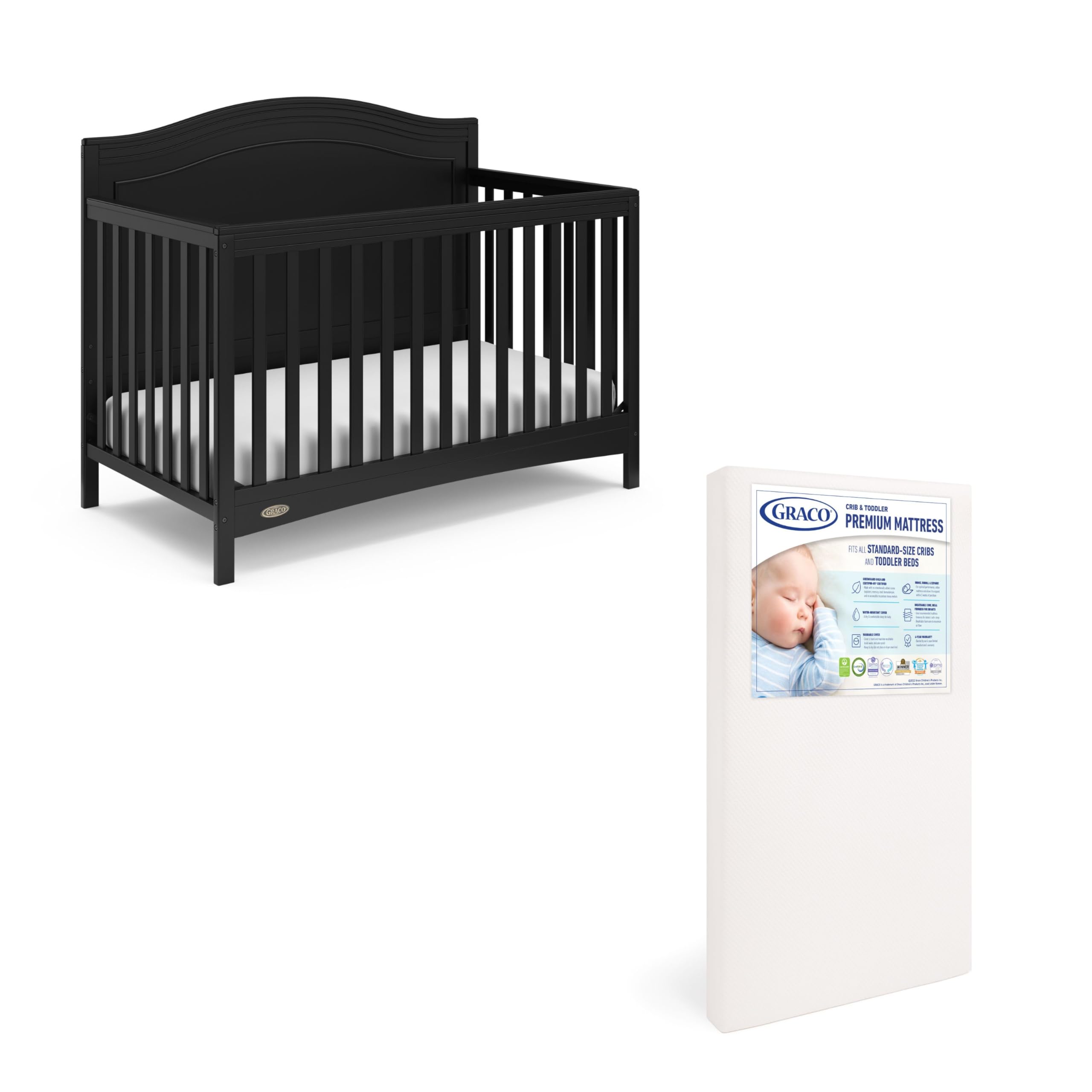 Graco Paris Convertible Crib & Mattress Set - GREENGUARD Gold Certified Baby Crib with Included Mattress, Nursery Essentials in Black | Safe & Durable for Newborn to Toddler | Perfect for Modern Nursery, Bedroom, and Daycare Centers