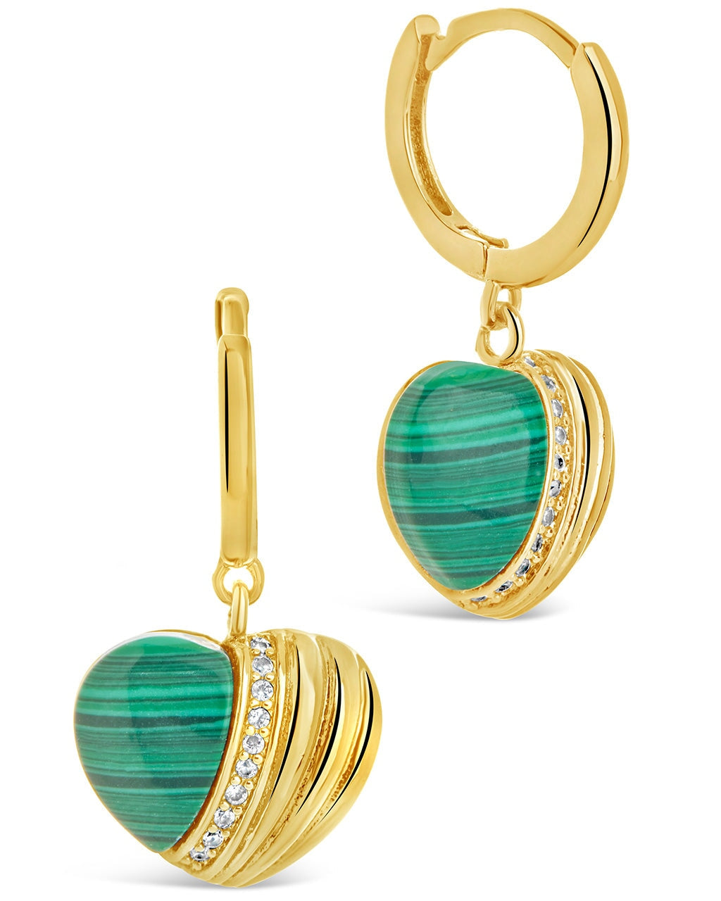 Malachite & Cubic Zirconia Heart Charm Hoop Earrings for Women - Elegant Dangle Jewelry for Valentine's Day, Anniversary & Special Occasions