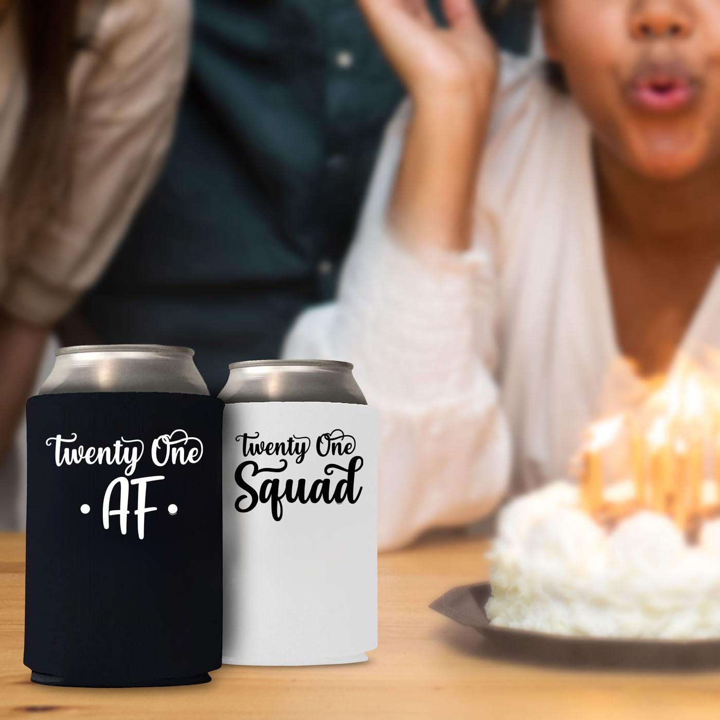 21st Birthday Party Supplies - 21 AF Can Cooler Holder, Black Koozies for Beer & Iced Coffee, 21st Birthday Decorations & Wedding Favors - Perfect for Birthday Squad Celebrations, Bachelorette Parties & Outdoor Events