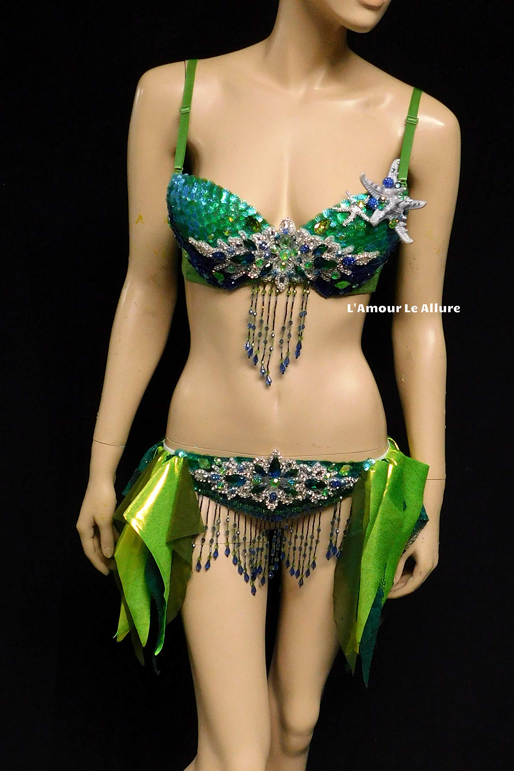 Sparkling Mermaid Bra & Skirt Set - Green, Blue & Silver Sequin Scales for Costume Parties, Halloween & Cosplay