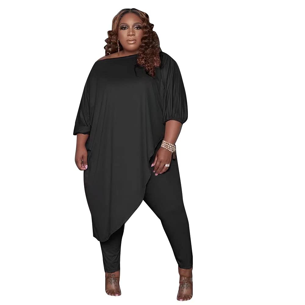 Plus Size Women's Tracksuit Set - Long Sleeve Asymmetrical Top & Bodycon Pants Sweatsuit Outfit | Casual Wear, Workout, Lounge, Street Fashion