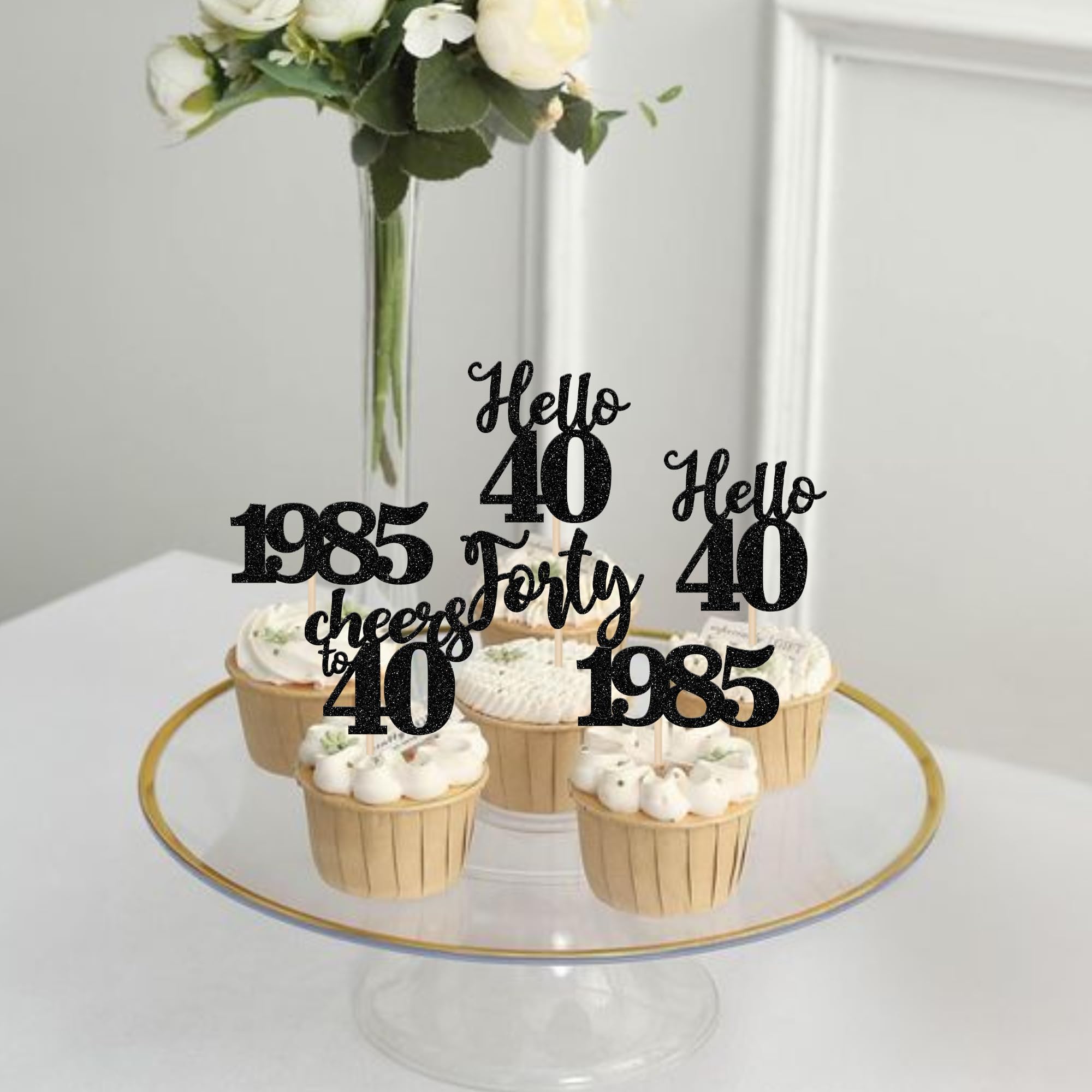 24 PCS Black Glitter 40th Birthday Cupcake Toppers - Cheers to 40 Since 1985 - Hello Forty Cake Decorations for Happy 40th Anniversary Party Supplies | Perfect for Birthday Celebrations, Milestone Events & Cake Decorating