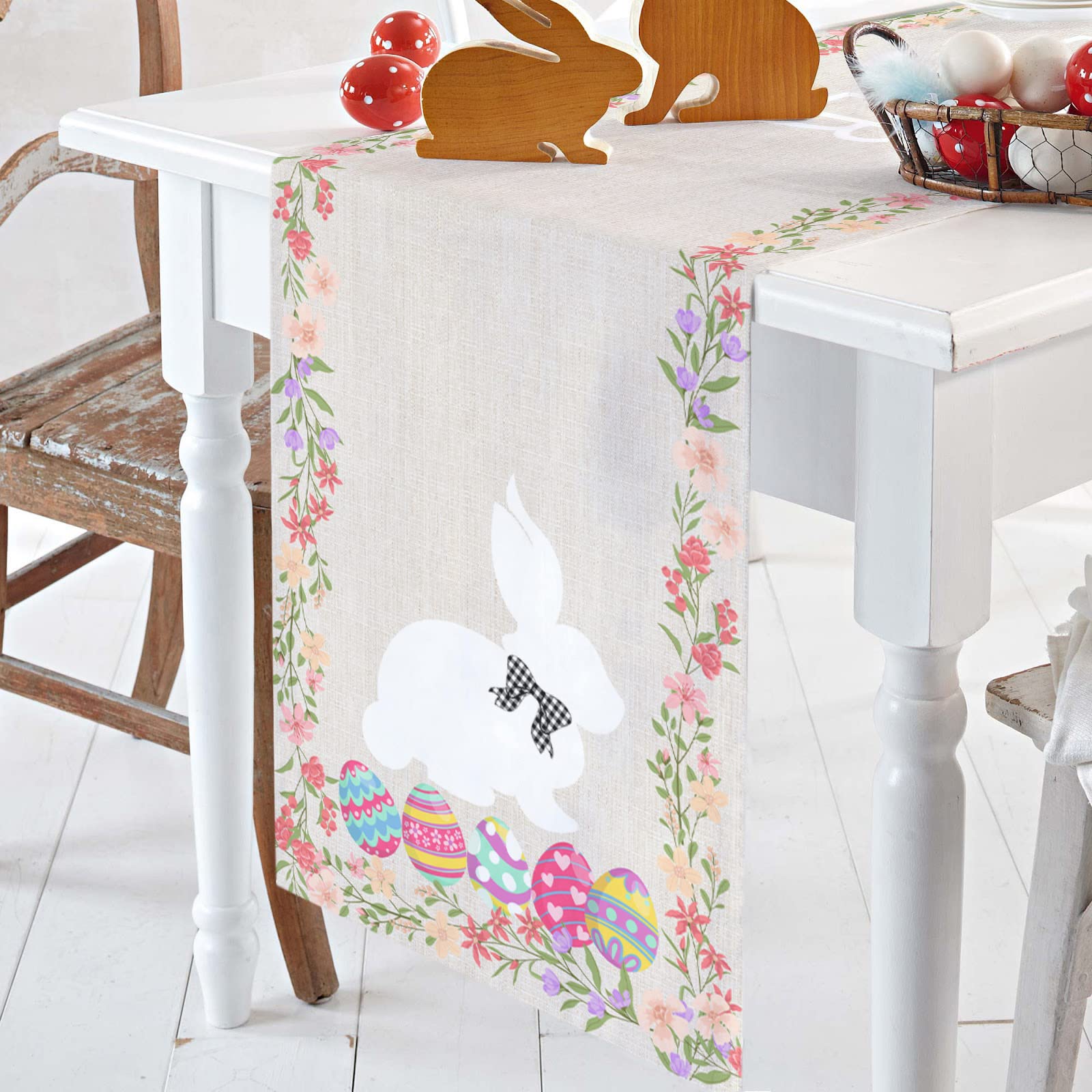Easter Bunny Table Runner - 14 x 72 Inch Spring Floral Tablecloth with Rabbit & Egg Designs, Blue Pink Rustic Home Decor for Easter Party, Kitchen Dining, Holiday Table Setting