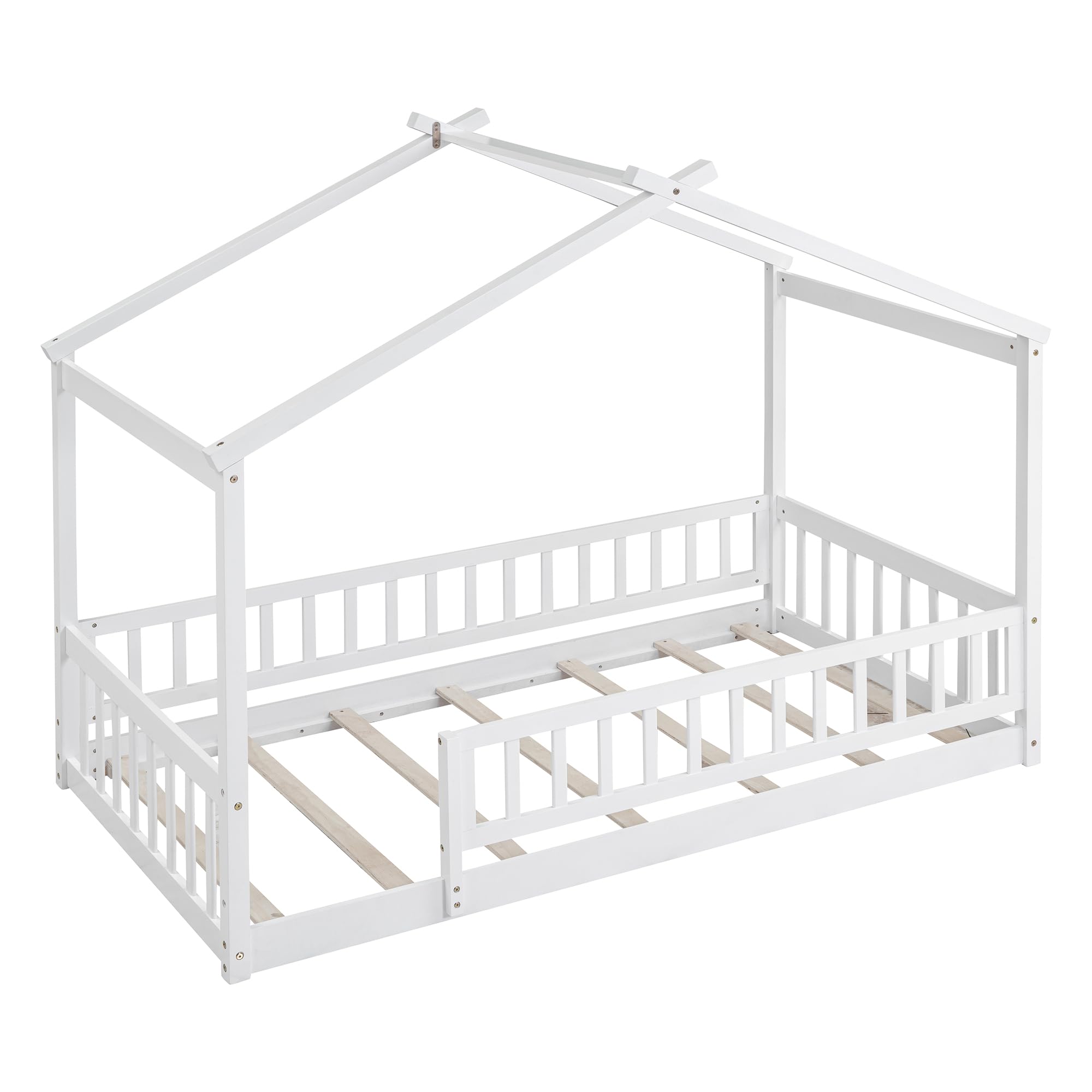 Merax Twin Size Wooden House Bed with Fence - Sturdy Wood Bed Frame with Roof & Safety Guardrail for Kids, Teens, Boys or Girls (White) - Perfect for Nursery, Bedroom, Playroom & Kids' Room Decor
