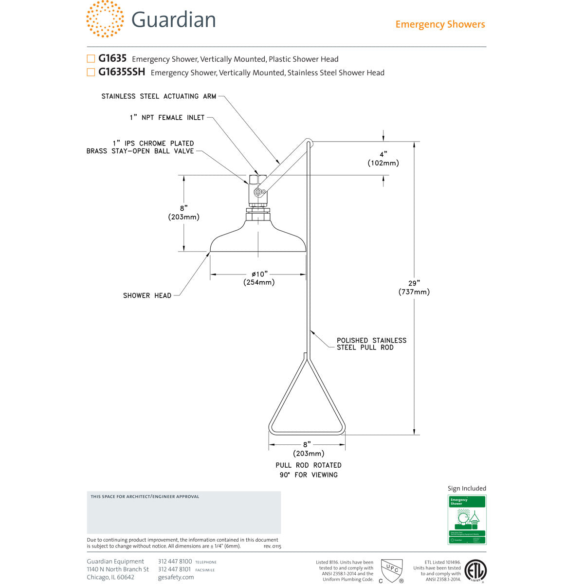 Guardian G1635 Emergency Drench Shower - ANSI Compliant Vertical Mount Safety Shower for Chemical Spills & Workplace Safety | Lab, Factory, Industrial Use