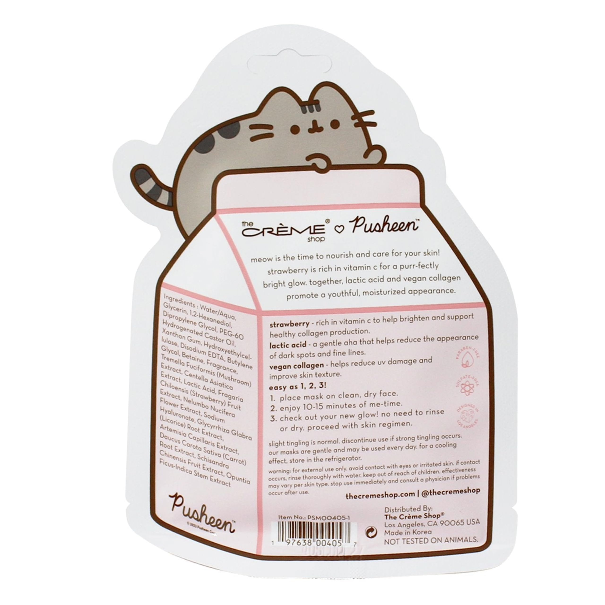 The Crème Shop X PUSHEEN KLEAN BEAUTY Strawberry Milk Printed Essence Sheet Mask - Vitamin C & Vegan Collagen for Brightening & Youthful Skin | Vegan, Cruelty-Free (3 Pack) | Perfect for Spa Night, Self-Care Routine & Gift Giving