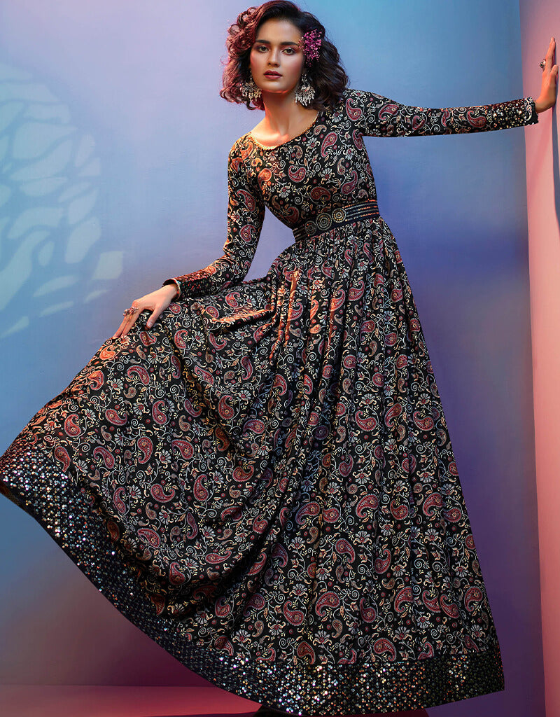 Elegant Black Natural Crepe Anarkali Gown for Women - Traditional Indian Party Wear for Weddings, Festivals & Special Occasions