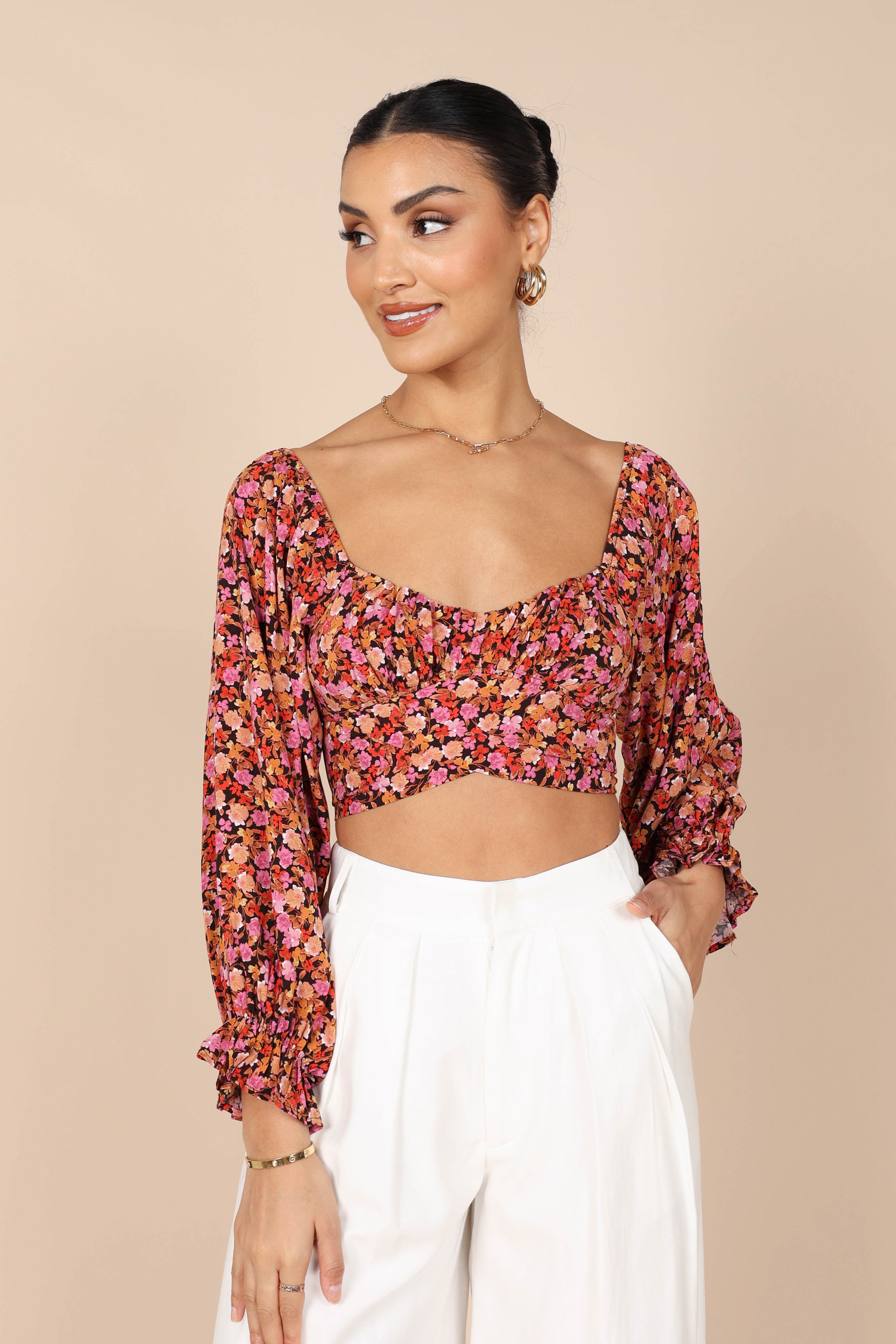 Jillian Cropped Top - Pink Floral Print Women's Fashion Blouse for Summer Outfits & Casual Wear