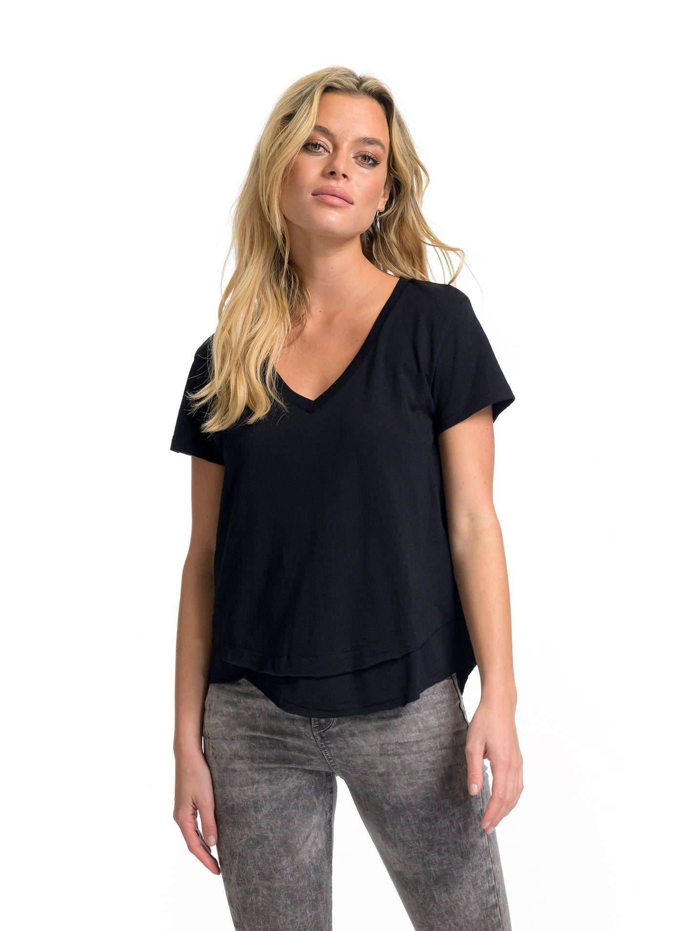 AVA Women's V-Neck Mock Layer Tee - Soft Casual T-Shirt for Everyday Wear, Layering & Outfit Styling
