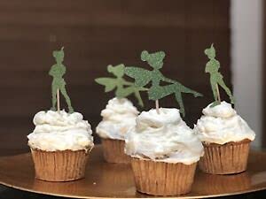 36Pcs Green Peter Pan Tinker Bell Glitter Cupcake Toppers - Birthday Party Decorations for Kids, Baby Showers & Fairy Theme Celebrations
