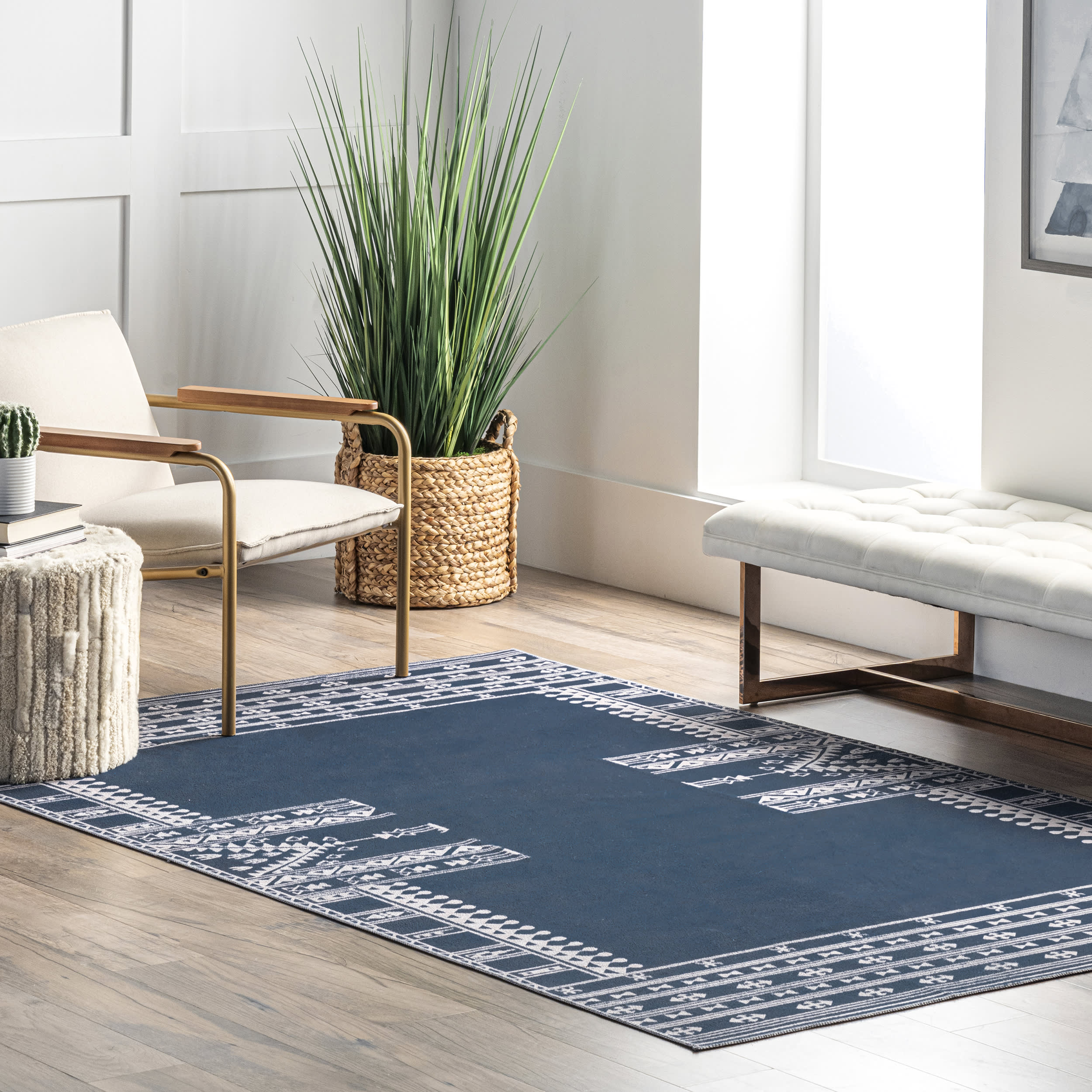 Premium Margo Banded Geometric Washable Rug - Navy Blue Modern Area Rug for Living Room, Bedroom & Office | Stain-Resistant & Easy Clean