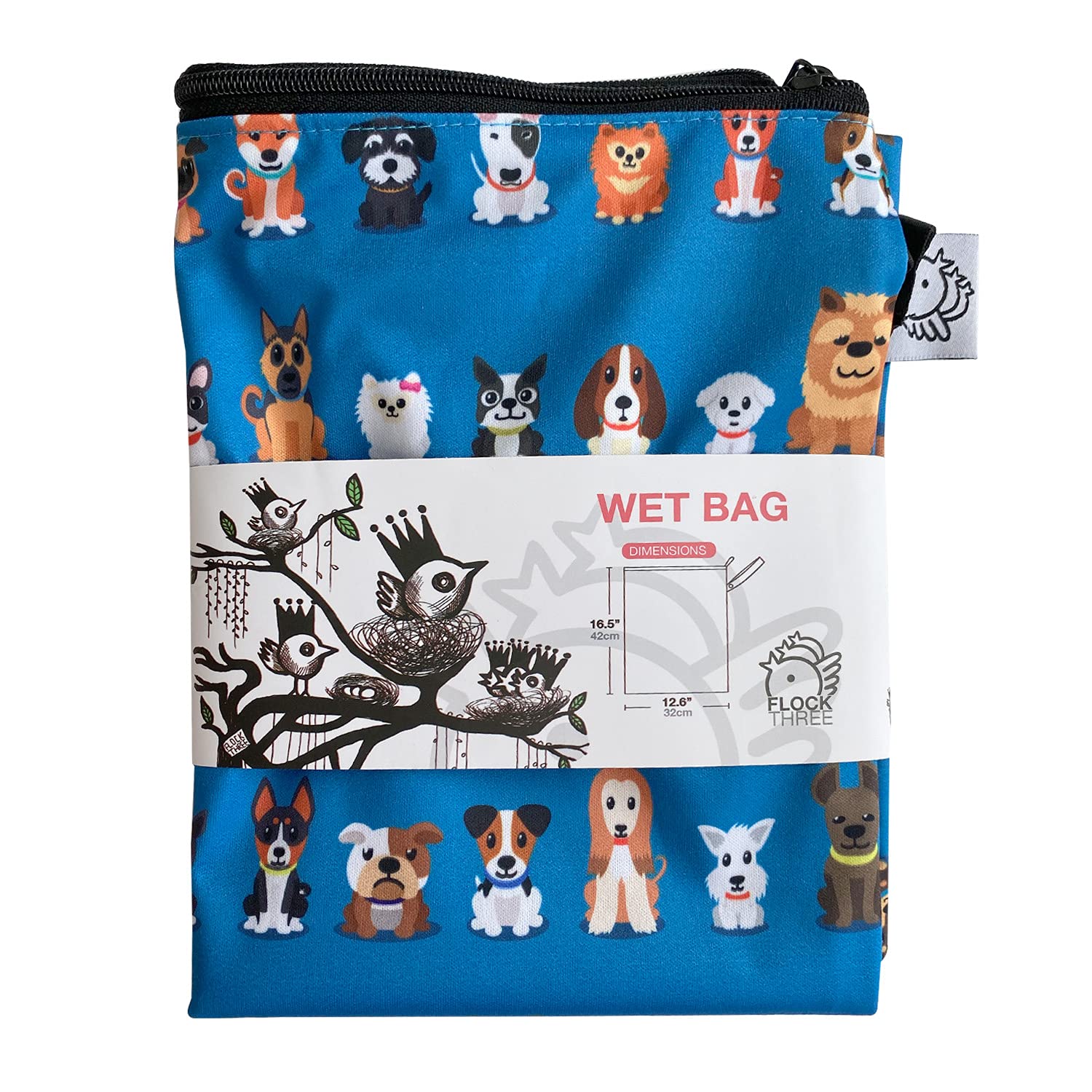 FLOCK THREE Washable Reusable Wet Bag - Waterproof Diaper Bag, Swim Bag, Travel Toiletries Pouch with Zipper (12.6