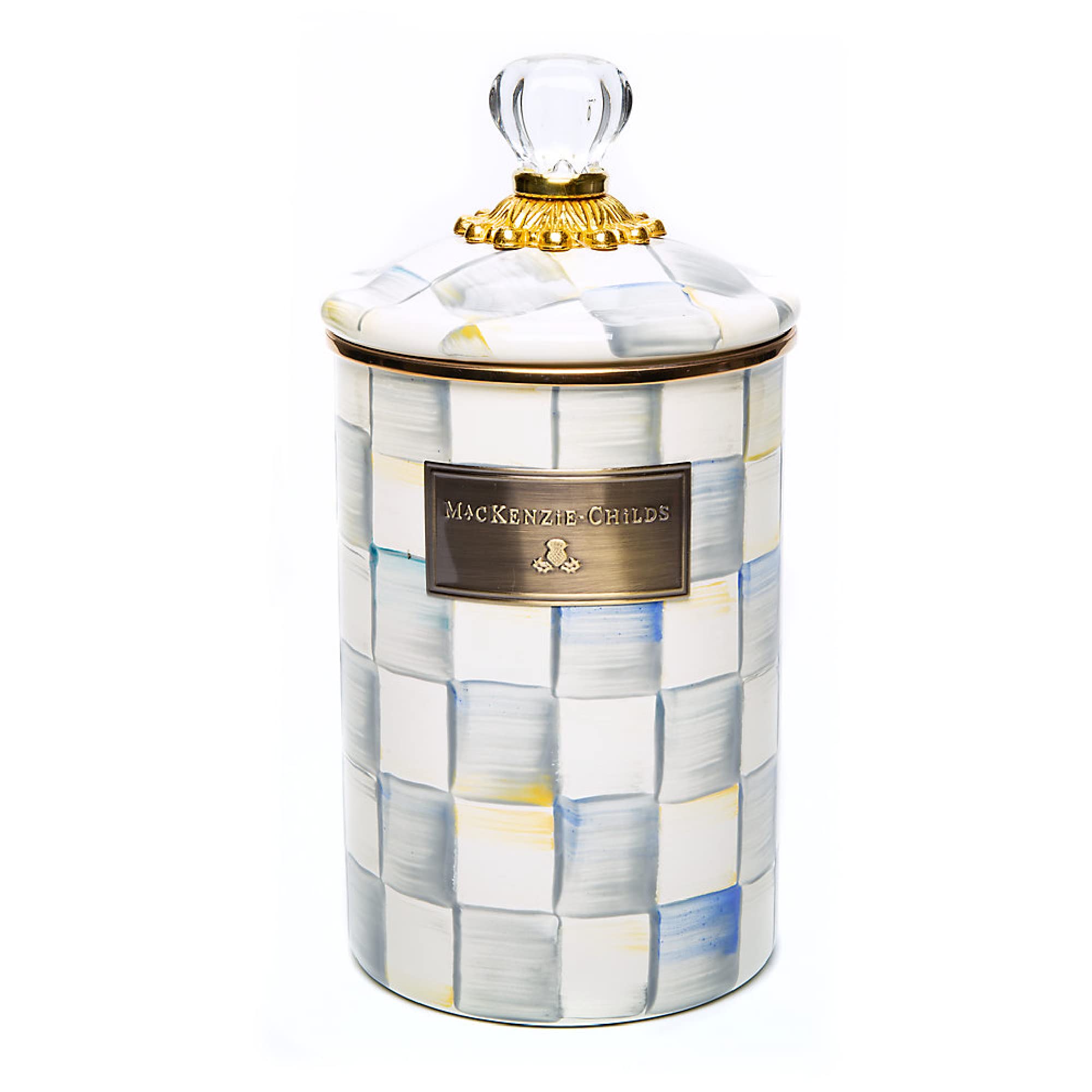 MACKENZIE-CHILDS Sterling Silver Check Canister with Lid - Airtight Sugar, Coffee, Flour Storage Container - Large Kitchen Organizer for Pantry, Countertop, or Coffee Bar