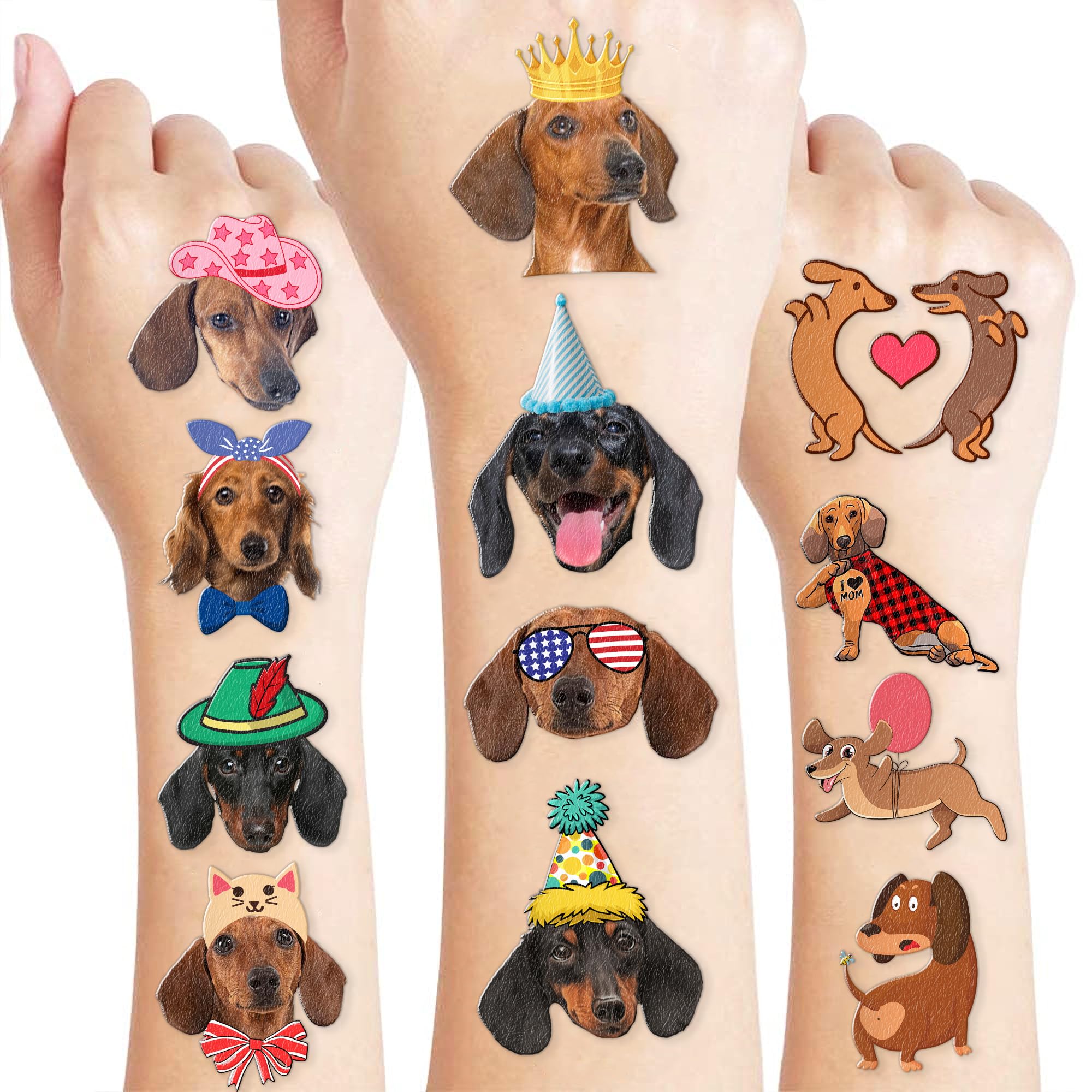 96 PCS Dachshund Dog Tattoos & Stickers - Funny Wiener Dog Party Supplies for Kids Birthday, Baby Shower, Pet Lover Gifts - Waterproof Temporary Tattoos & Decorative Stickers for Scrapbooking, DIY Crafts