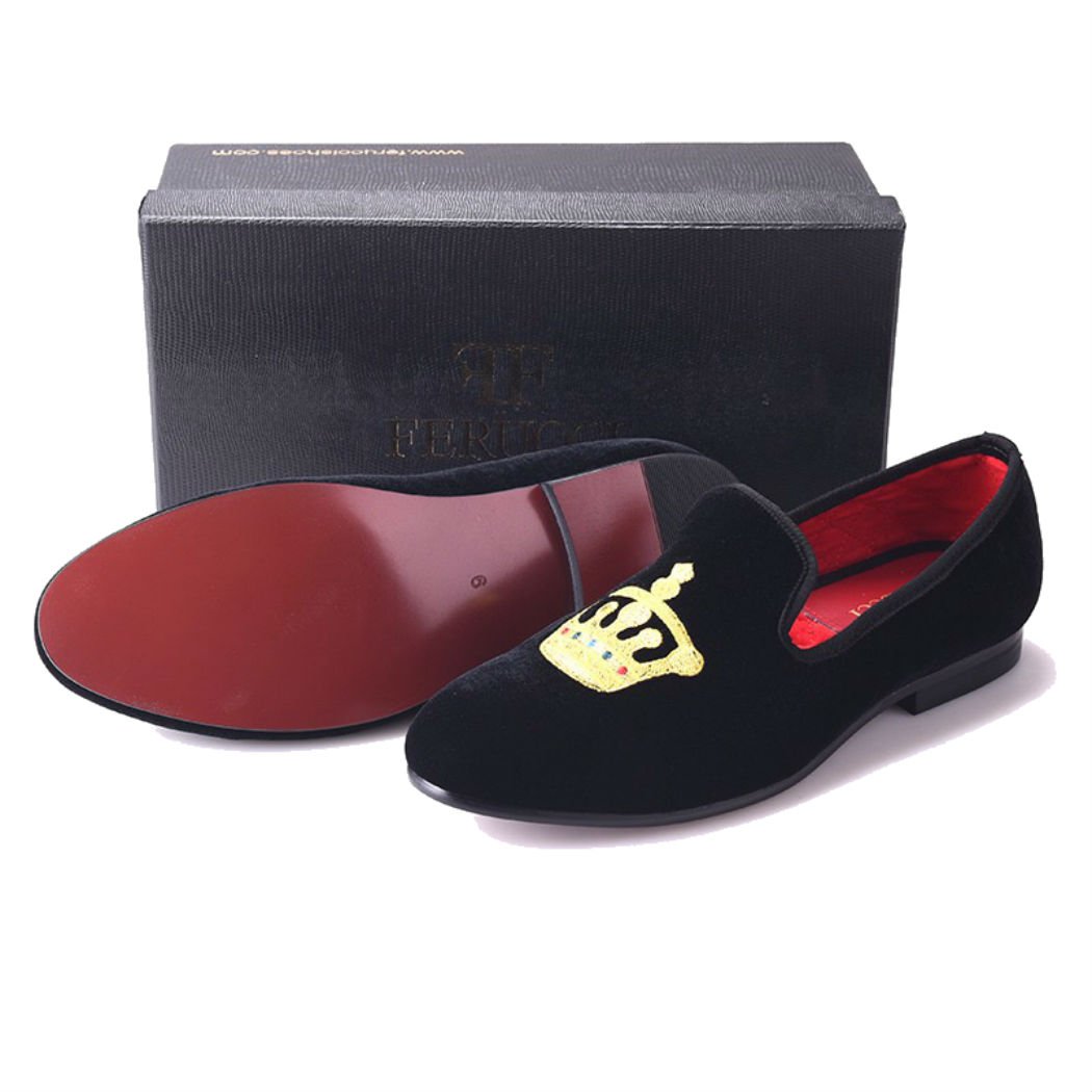 FERUCCI Handmade Men's Black Velvet Slippers - Comfortable Loafers with Gold Crown Design | Perfect for Indoor Lounging, House Parties & Luxury Gifting