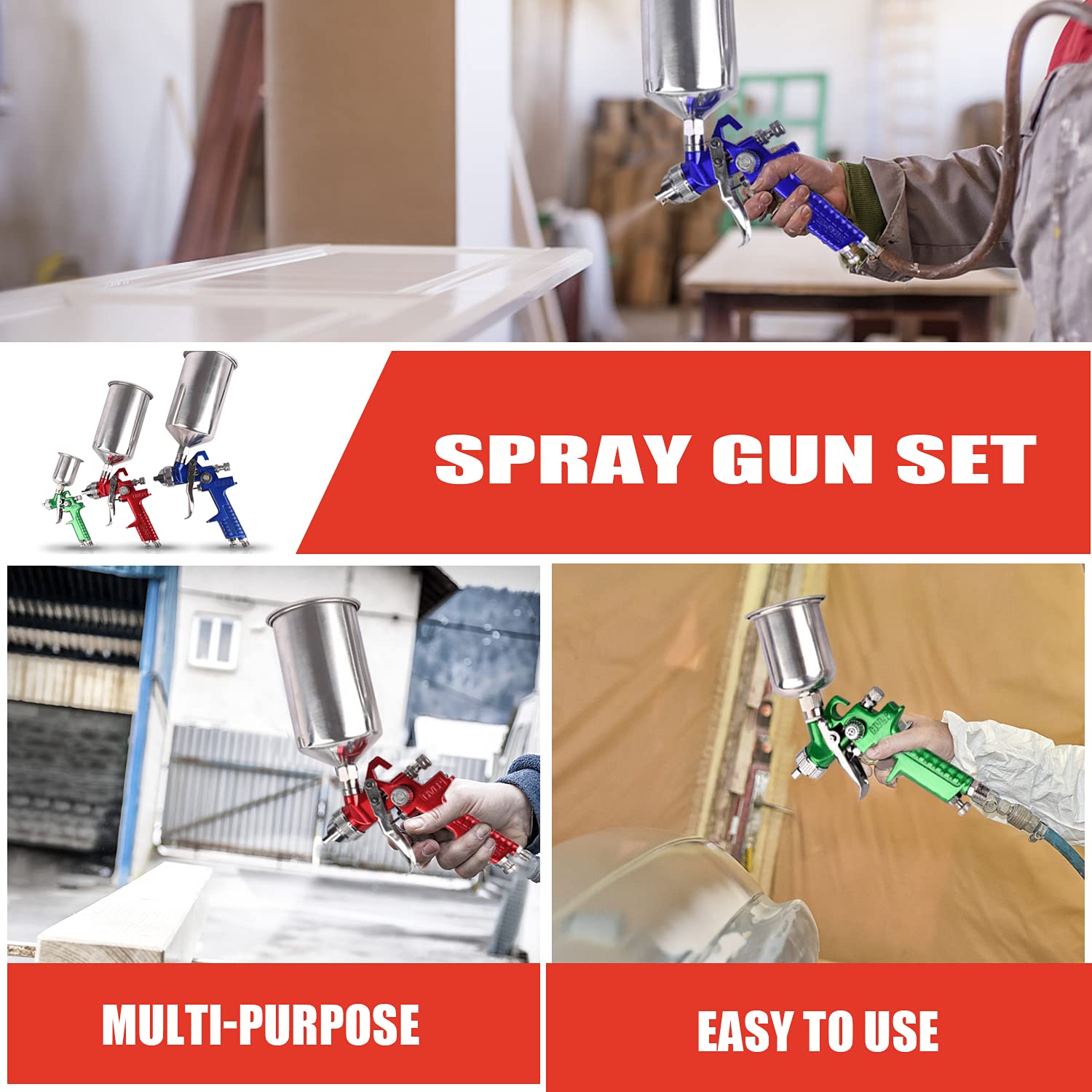 ETOSHA 3-Piece HVLP Spray Gun Kit with Air Regulator - 1.0mm, 1.4mm & 1.8mm Nozzle Set for Auto Painting, Furniture Refinishing & DIY Projects - Includes Paint Cups & Maintenance Tools for Professional Finish