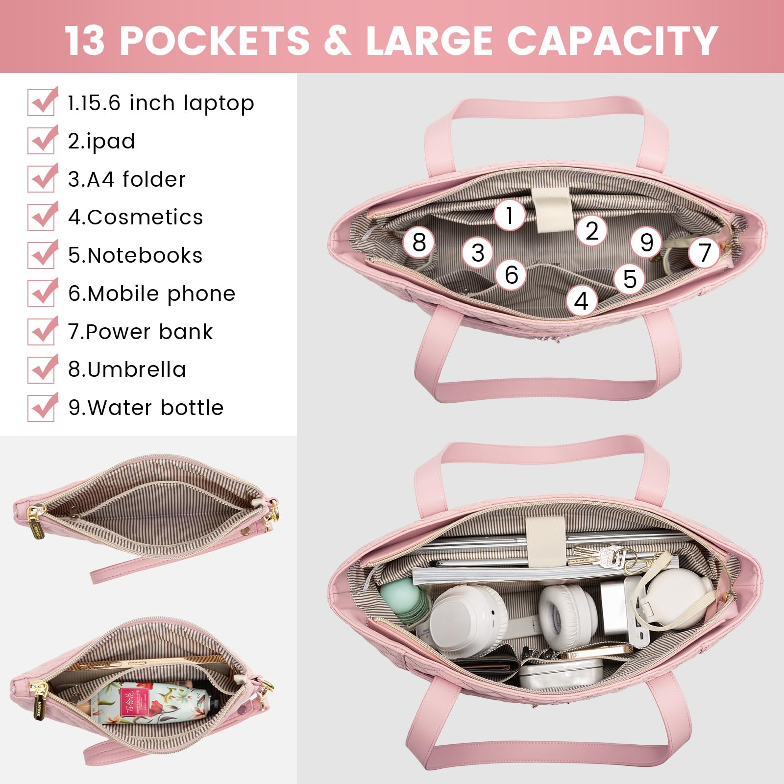LOVEVOOK 17 Inch Diamond Quilted Laptop Tote Bag for Women - Stylish Work & Travel Computer Shoulder Bag, Briefcase Handbag with Clutch Purse (Pink) - Perfect for Office, Business Meetings & Daily Commute