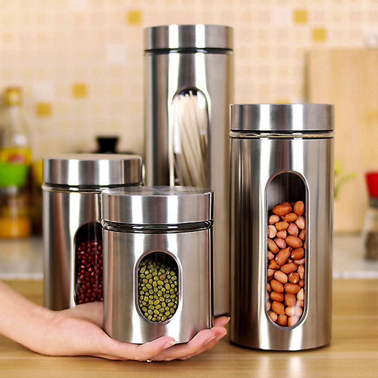 Premium 4-Piece Stainless Steel Food Storage Canister Set with Glass Window & Airtight Lids - Kitchen Countertop Pantry Organization for Coffee, Flour, Rice, Pasta, Spices & Herbs - Ideal for Baking, Cooking & Home Kitchen Storage